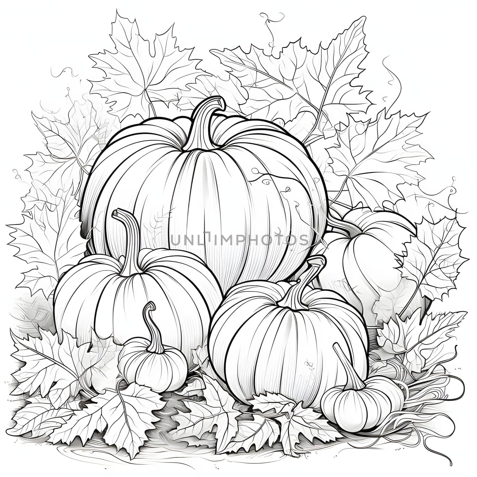 Pumpkins and leaves black and white coloring book. Pumpkin as a dish of thanksgiving for the harvest, picture on a white isolated background. Atmosphere of joy and celebration.