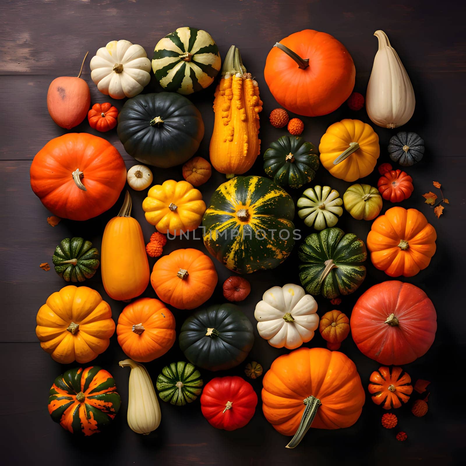 An aerial view of colorful pumpkins, on dark boards. Pumpkin as a dish of thanksgiving for the harvest. An atmosphere of joy and celebration.