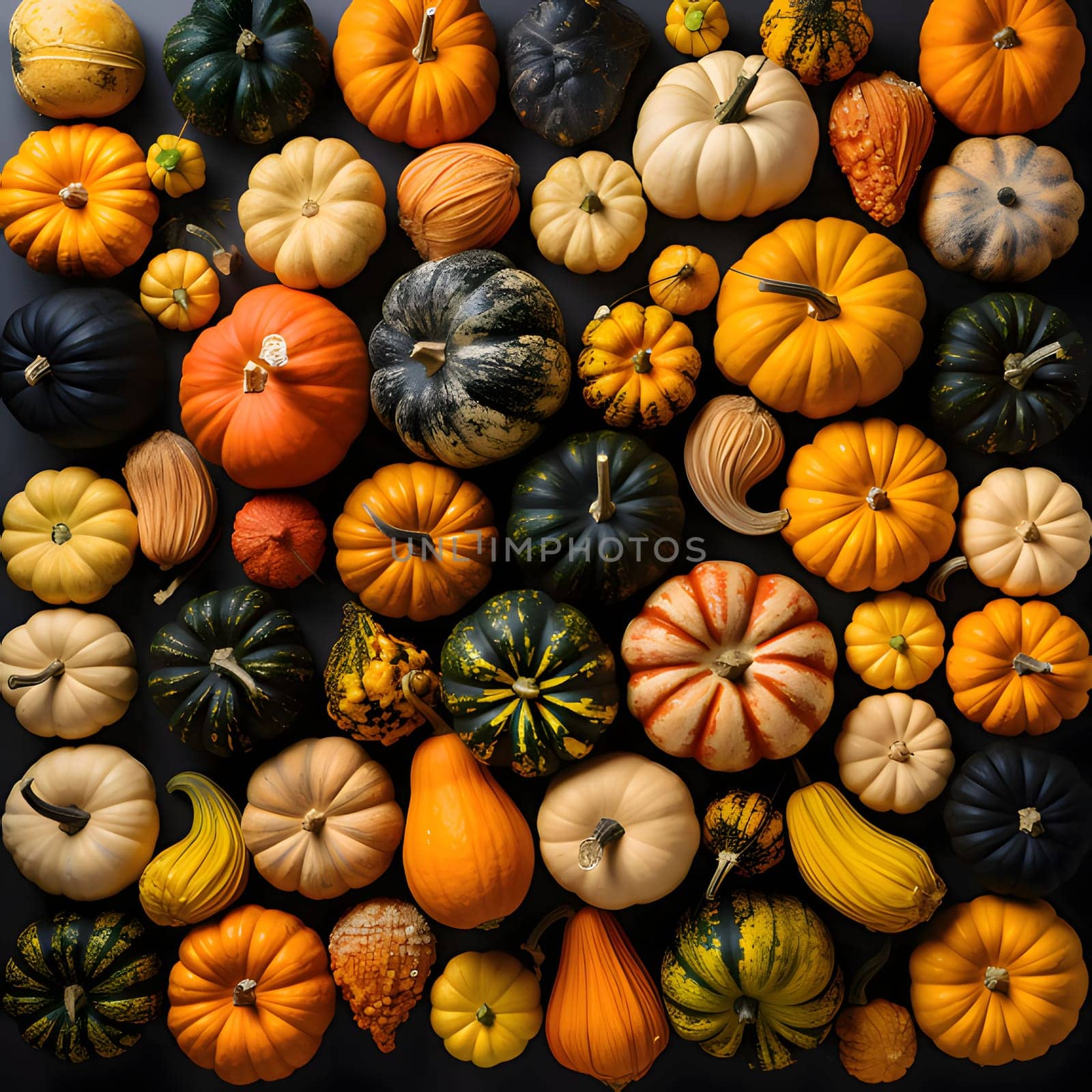 An aerial view of colorful pumpkins, on dark boards. Pumpkin as a dish of thanksgiving for the harvest. An atmosphere of joy and celebration.