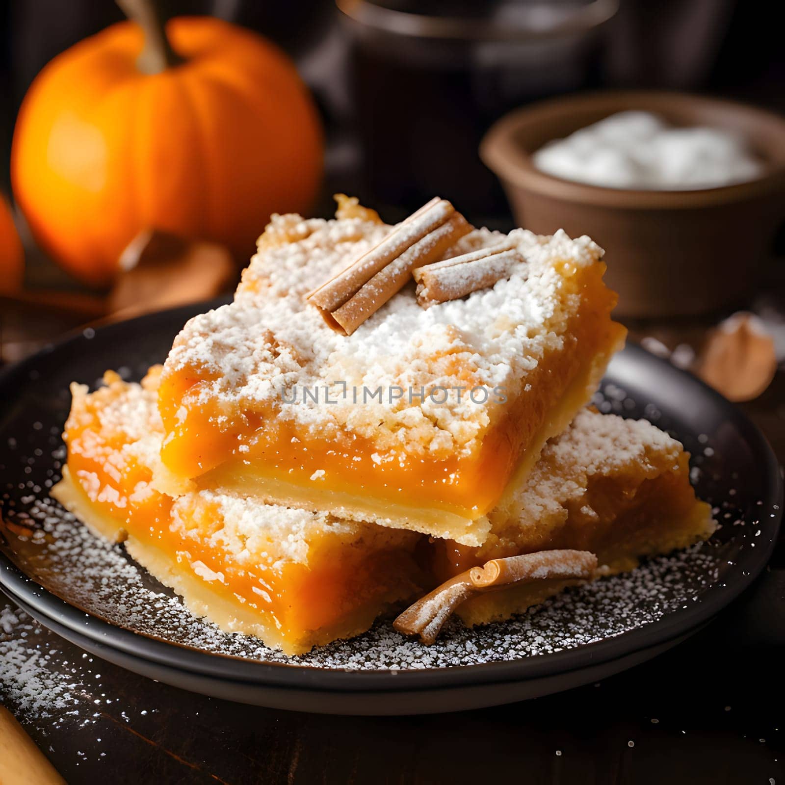 Two pieces of pumpkin pie sprinkled with powdered sugar on a dark plate, smudged background. Pumpkin as a dish of thanksgiving for the harvest. An atmosphere of joy and celebration.