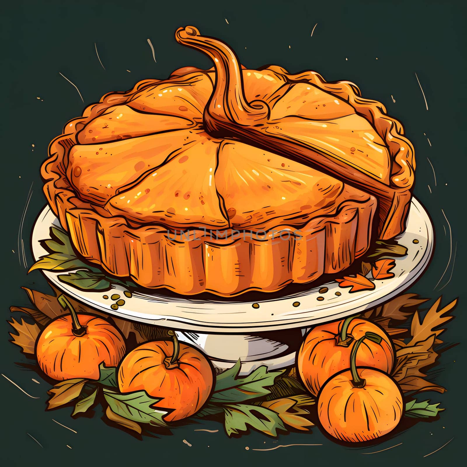 Illustration of pumpkin pie on a stand, under it tiny orange pumpkins and leaves dark isolated background. Pumpkin as a dish of thanksgiving for the harvest. An atmosphere of joy and celebration.