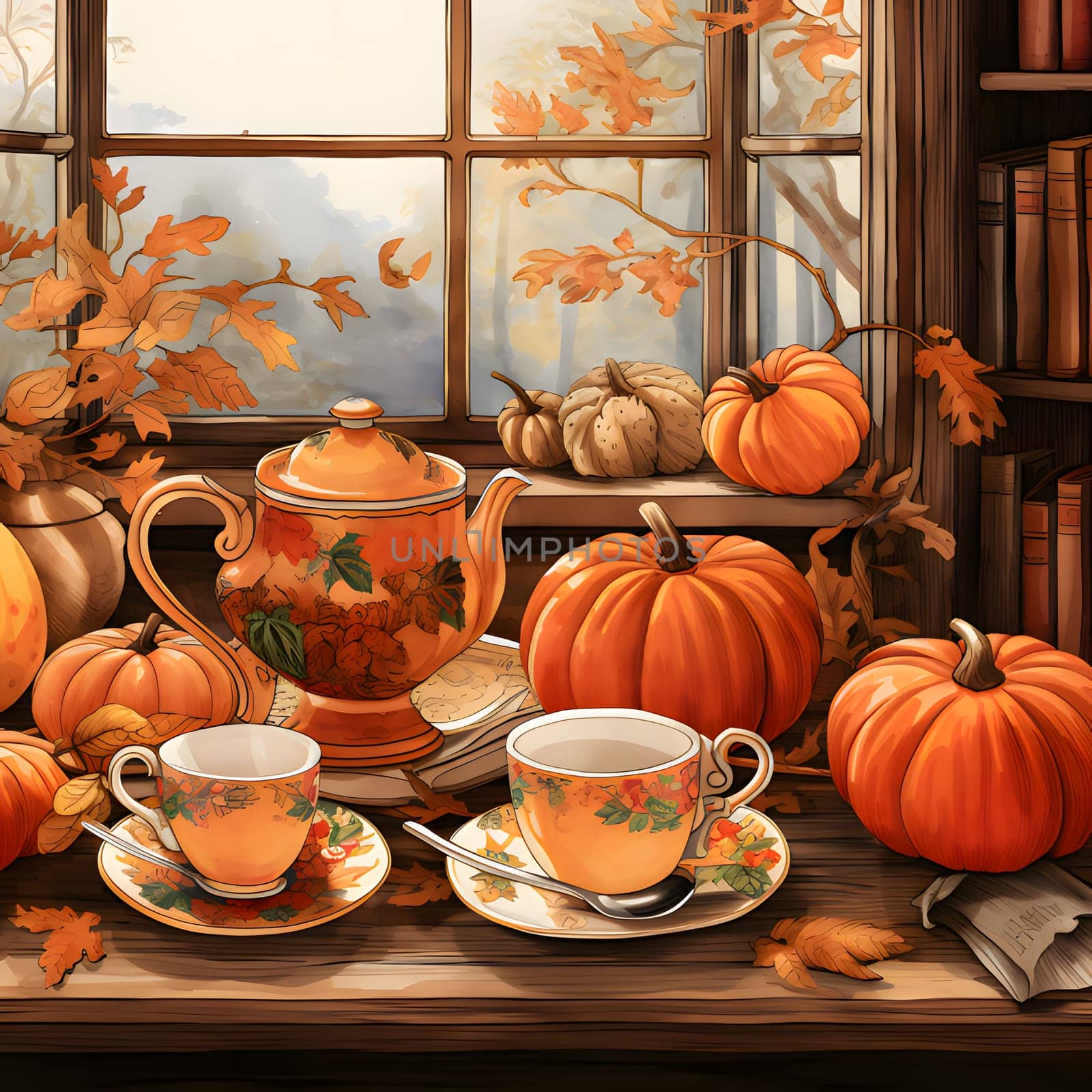 Illustration wooden desk and on it coffee cups, all around pumpkins, books, autumn leaves. Pumpkin as a dish of thanksgiving for the harvest. An atmosphere of joy and celebration.