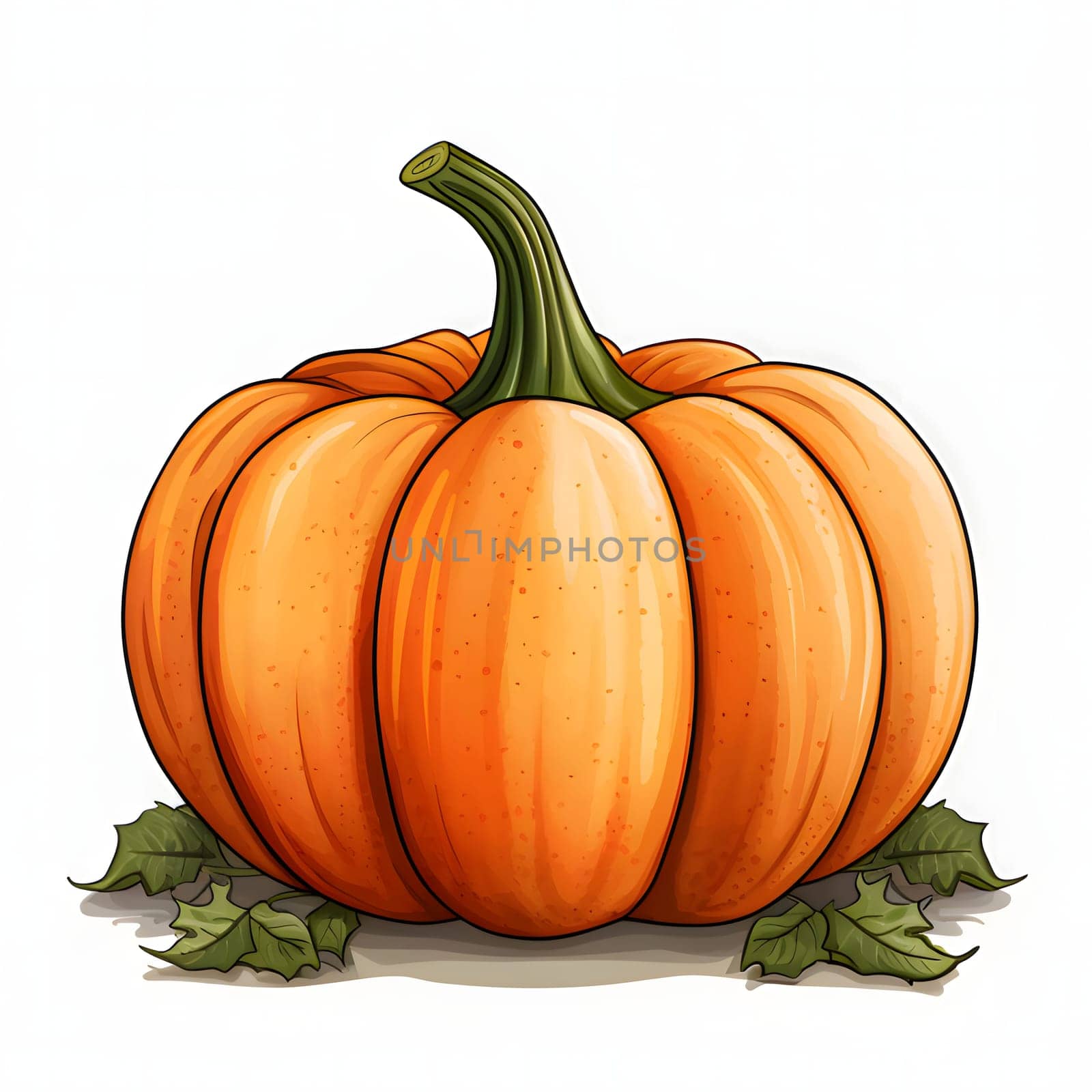 Pumpkin and some leaves. Pumpkin as a dish of thanksgiving for the harvest, picture on a white isolated background. Atmosphere of joy and celebration.