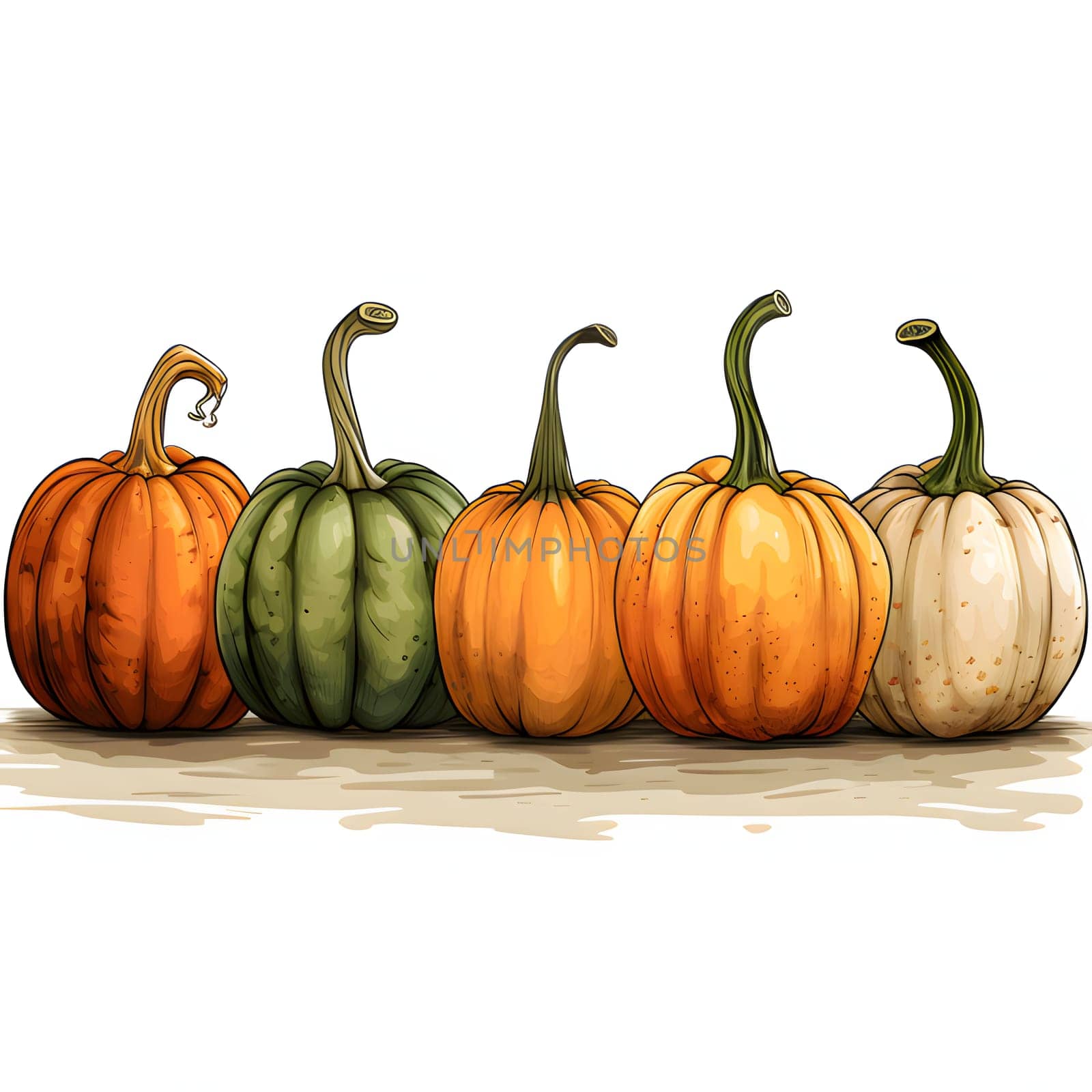 Illustration of five pumpkins arranged in a row. Pumpkin as a dish of thanksgiving for the harvest, picture on a white isolated background. by ThemesS