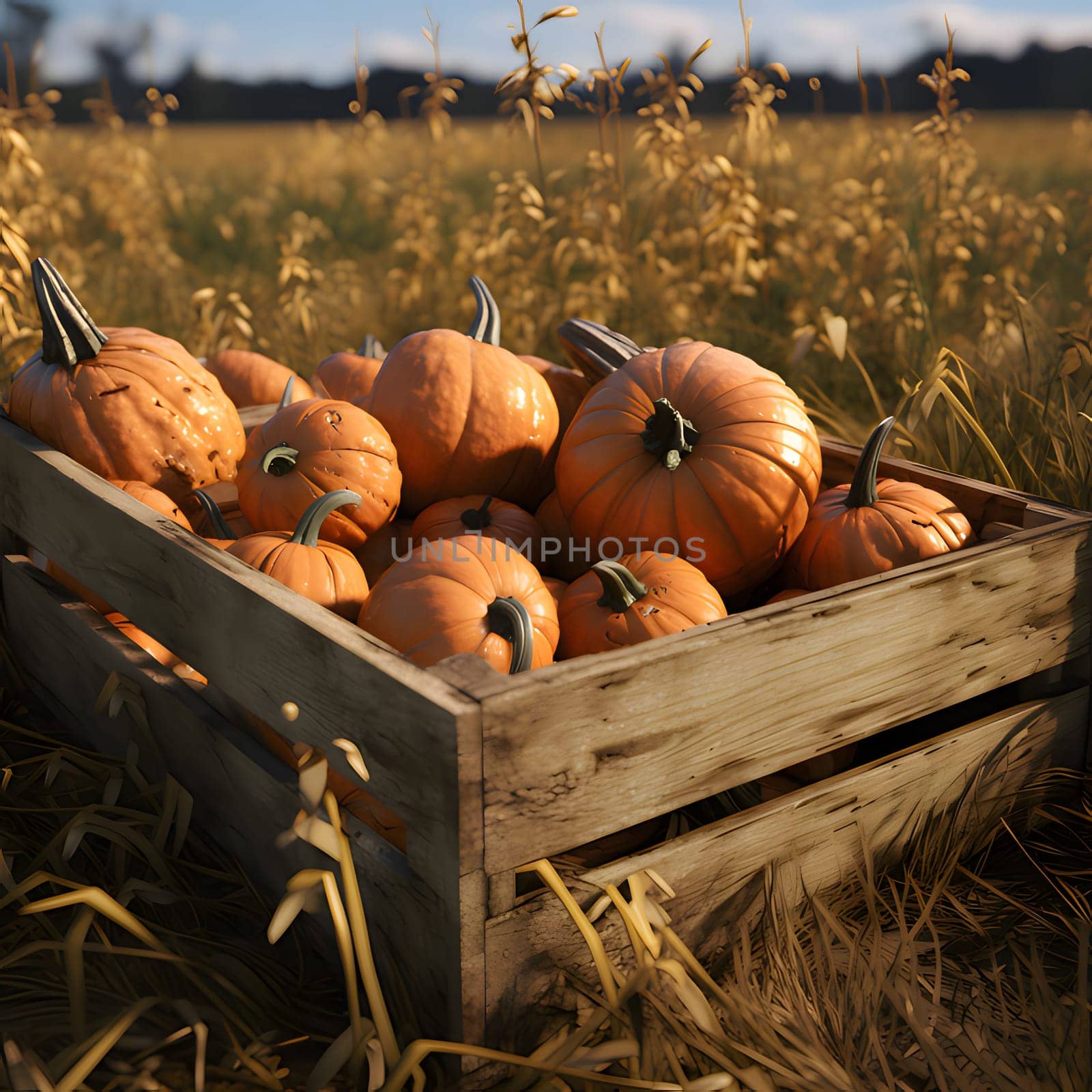 Small orange pumpkins in a wooden box in a field. Pumpkin as a dish of thanksgiving for the harvest. An atmosphere of joy and celebration.