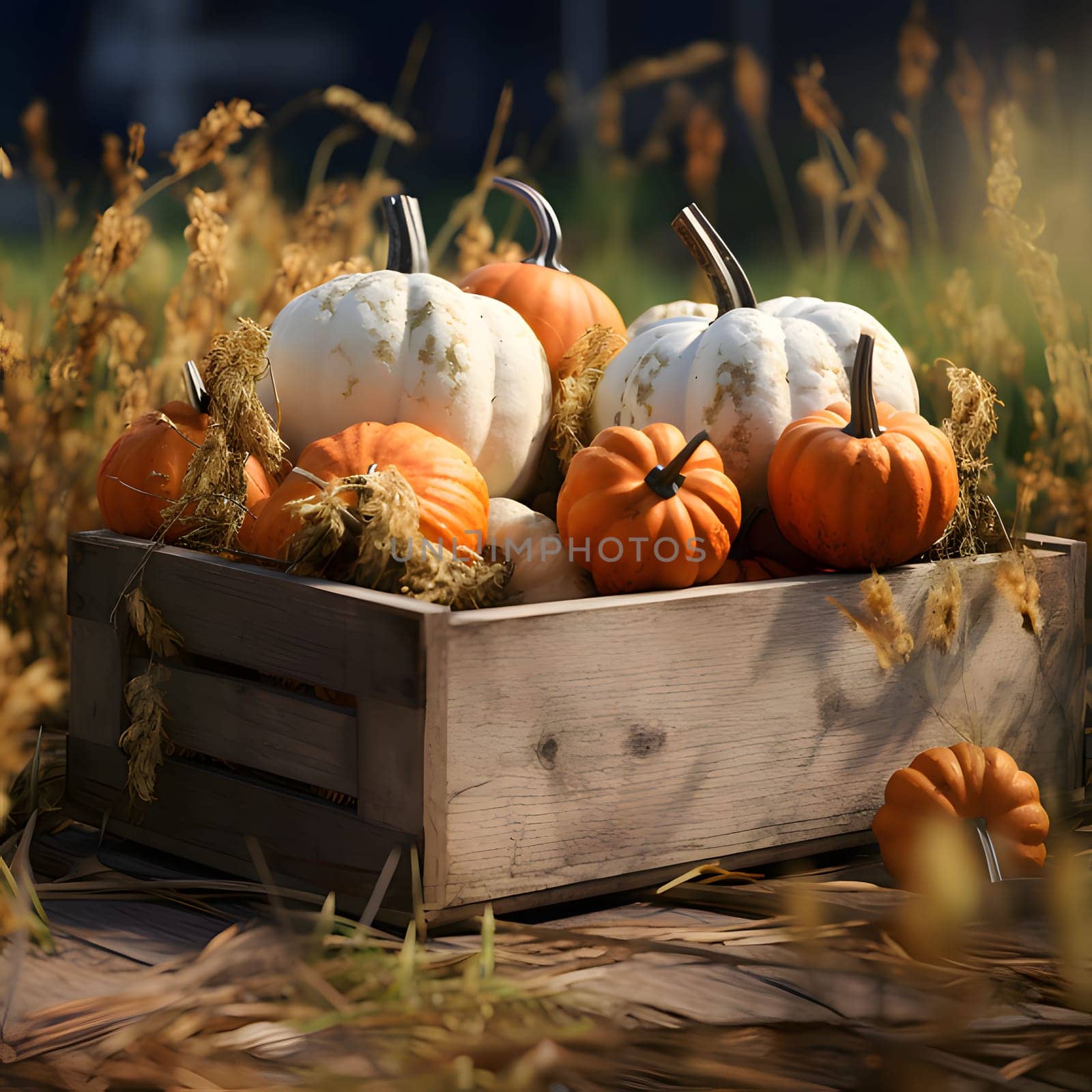 Small orange pumpkins in a wooden box in a field. Pumpkin as a dish of thanksgiving for the harvest. An atmosphere of joy and celebration.