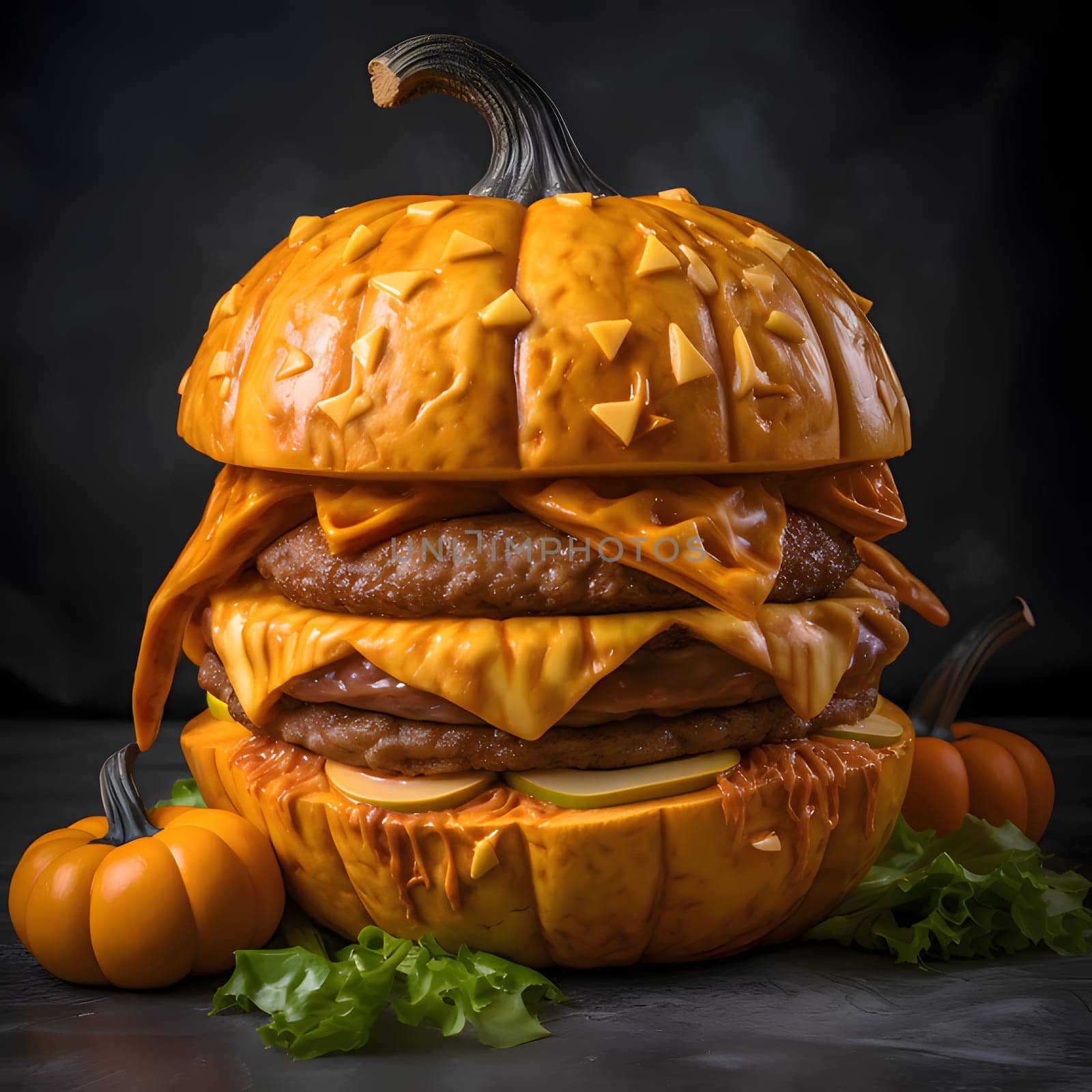 Pumpkin hamburger with meat cheese cucumber. Pumpkin as a dish of thanksgiving for the harvest. An atmosphere of joy and celebration.