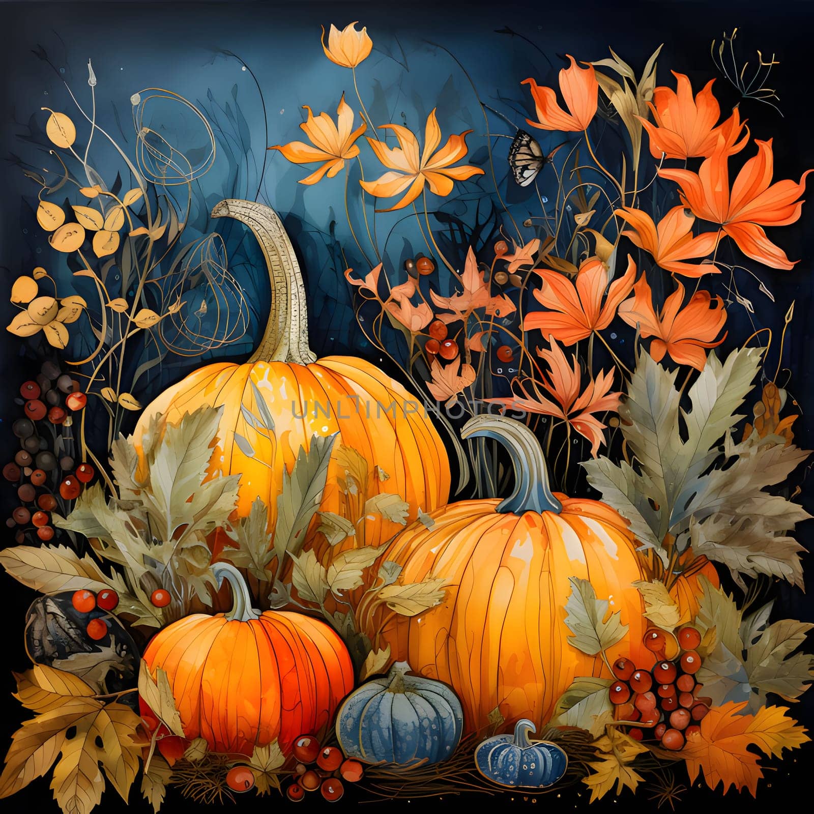 Illustration; pumpkins flowers rowan on dark background. Pumpkin as a dish of thanksgiving for the harvest. An atmosphere of joy and celebration.