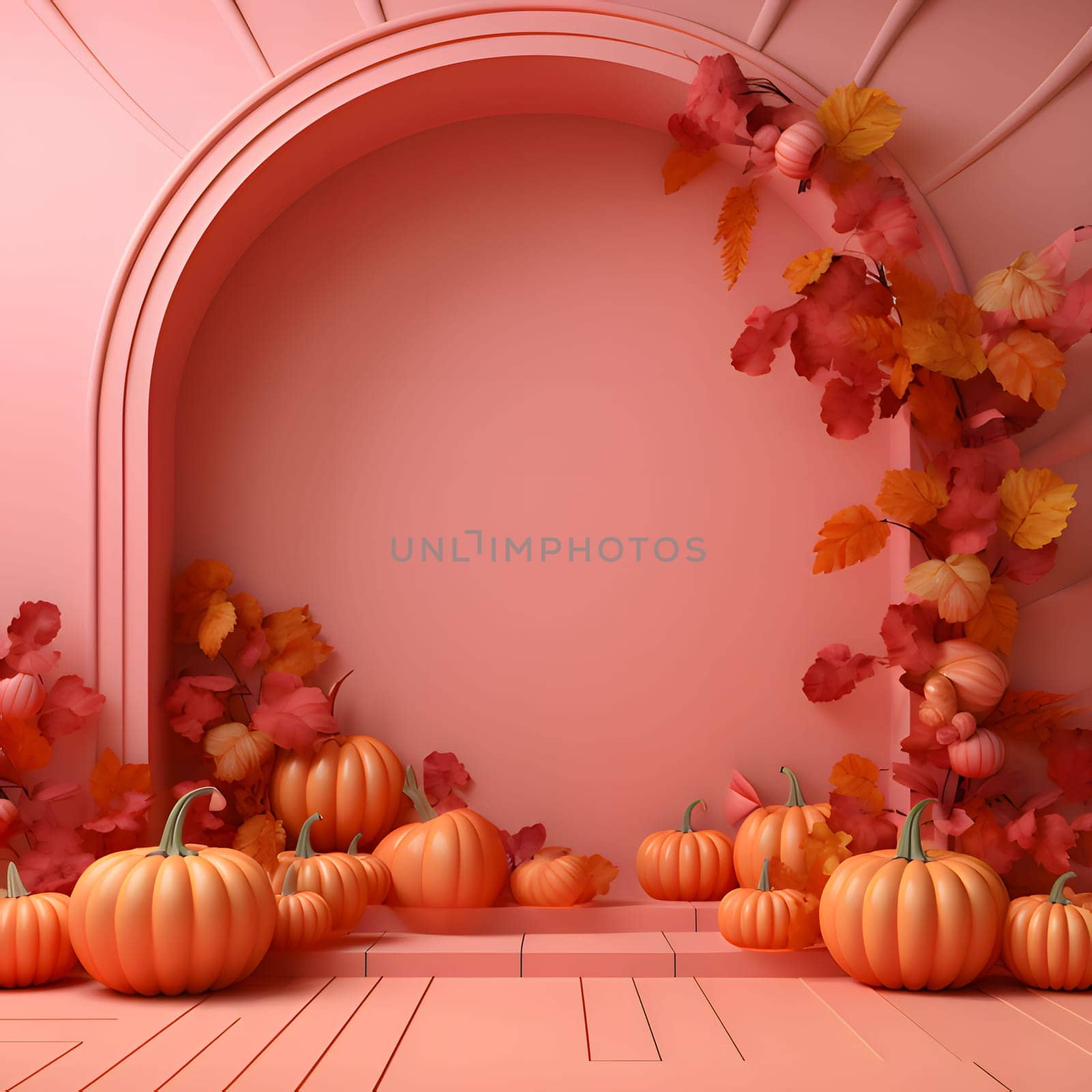 Elegant scenery with pumpkins and autumn leaves. Pink color. Pumpkin as a dish of thanksgiving for the harvest. by ThemesS