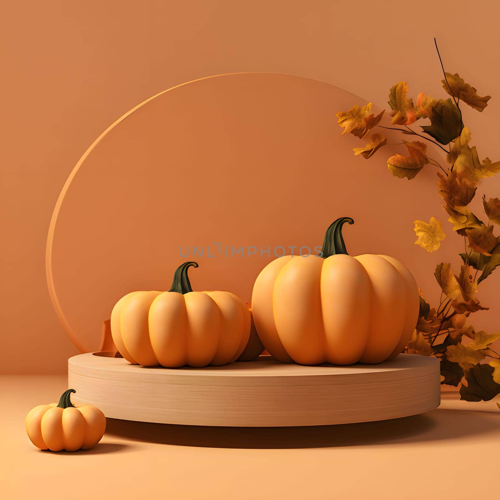 Elegant scenery with pumpkins and autumn leaves. Orange color. Pumpkin as a dish of thanksgiving for the harvest.
