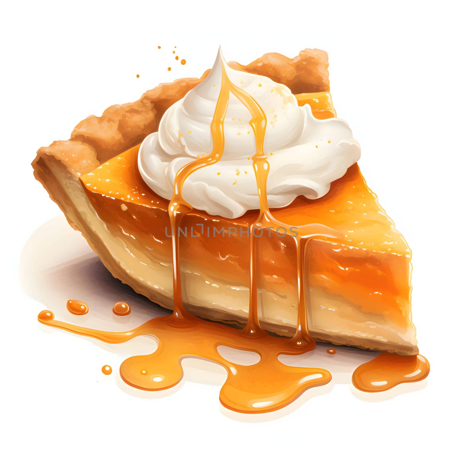 Piece of pumpkin pie with sauce and cream. Pumpkin as a dish of thanksgiving for the harvest, picture on a white isolated background. Atmosphere of joy and celebration.