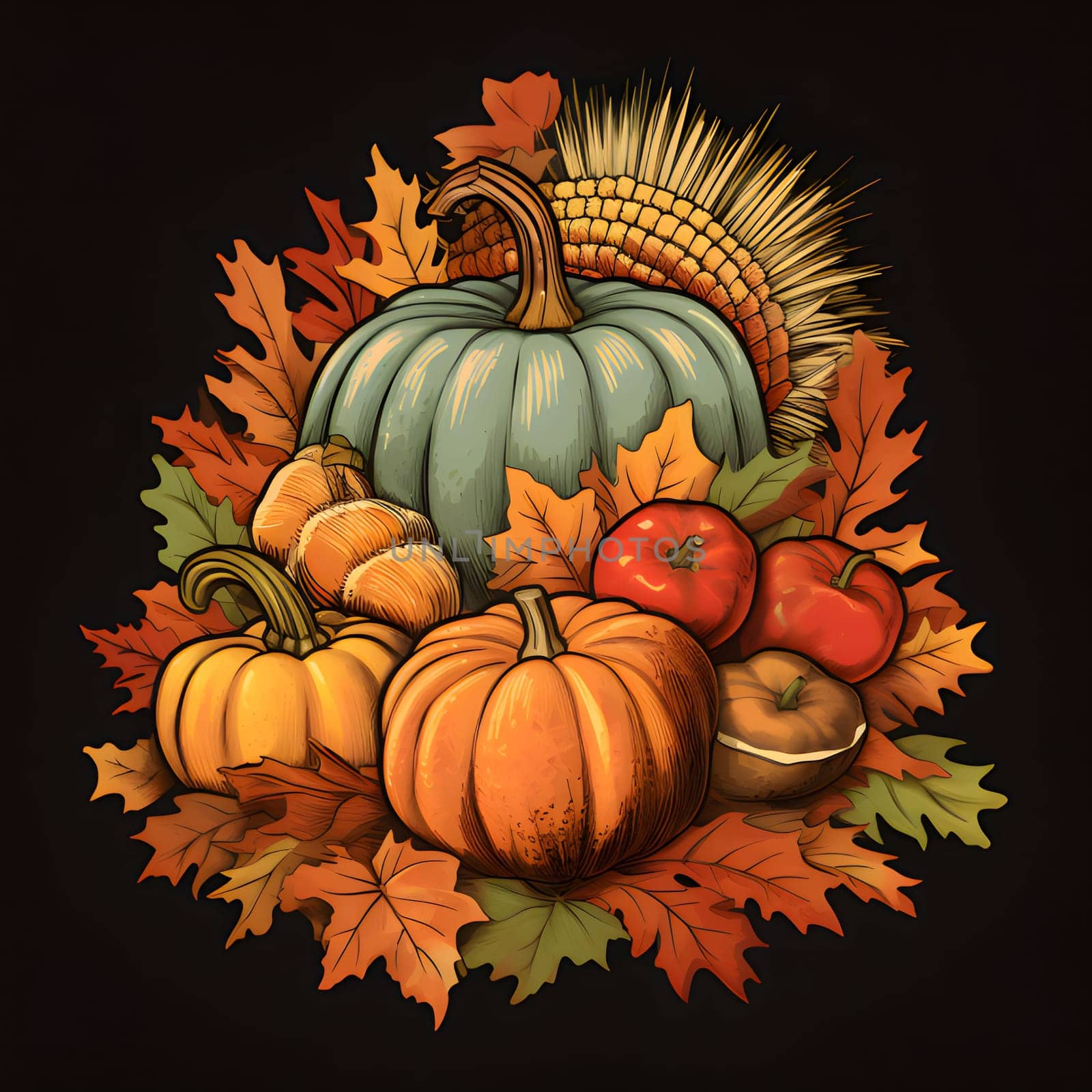 Illustration on black isolated background; pumpkins. tomatoes and autumn leaves. Pumpkin as a dish of thanksgiving for the harvest. An atmosphere of joy and celebration.