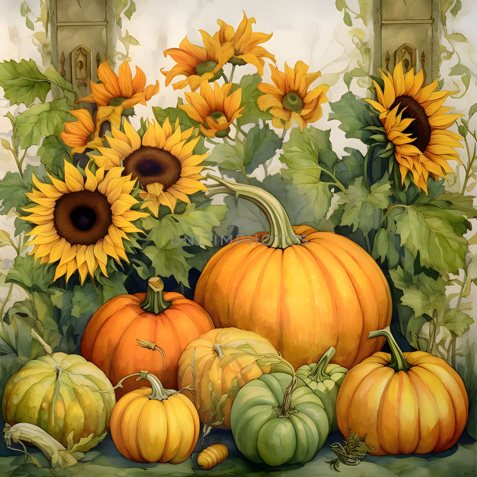Illustration, sunflowers and pumpkins under them. Pumpkin as a dish of thanksgiving for the harvest. by ThemesS