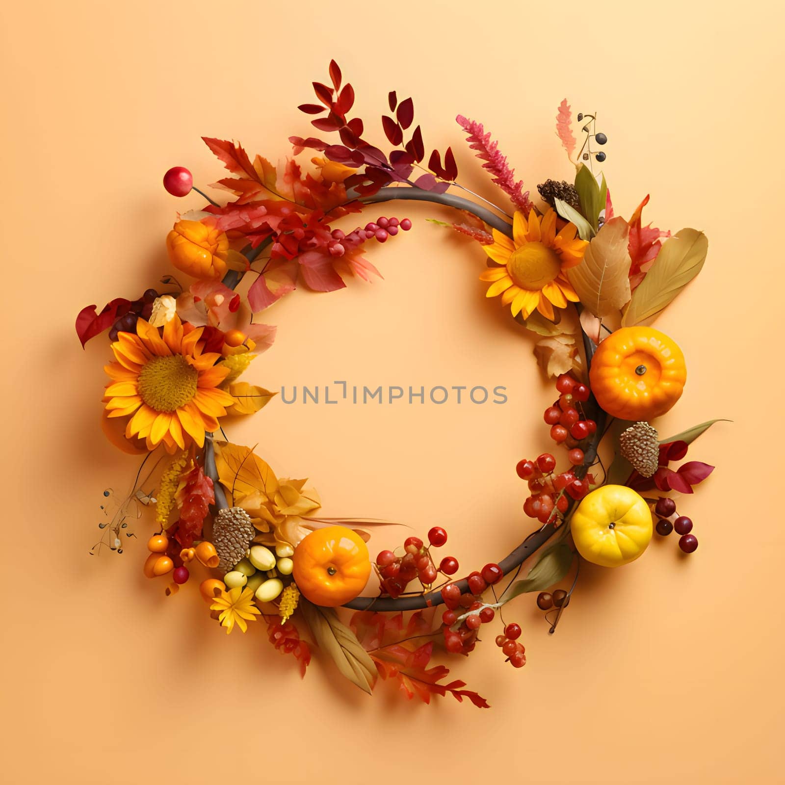 Flower crown, round frame with autumn flowers, harvest, leaves and rowan fruit, banner with space for your own content. Orange background. by ThemesS