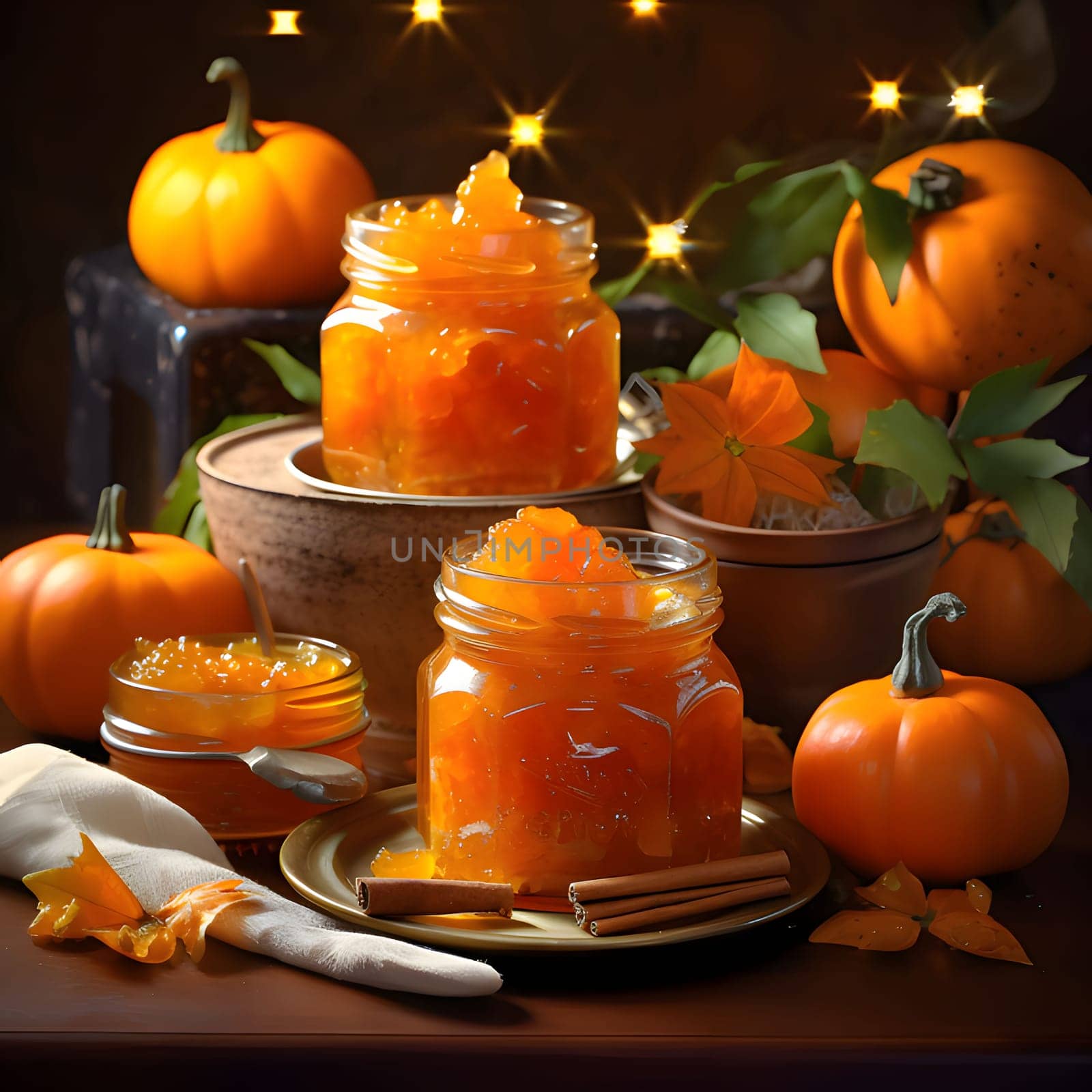 Jelly and Pumpkin Mousses in glass jars around pumpkin leaves. Pumpkin as a dish of thanksgiving for the harvest. An atmosphere of joy and celebration.