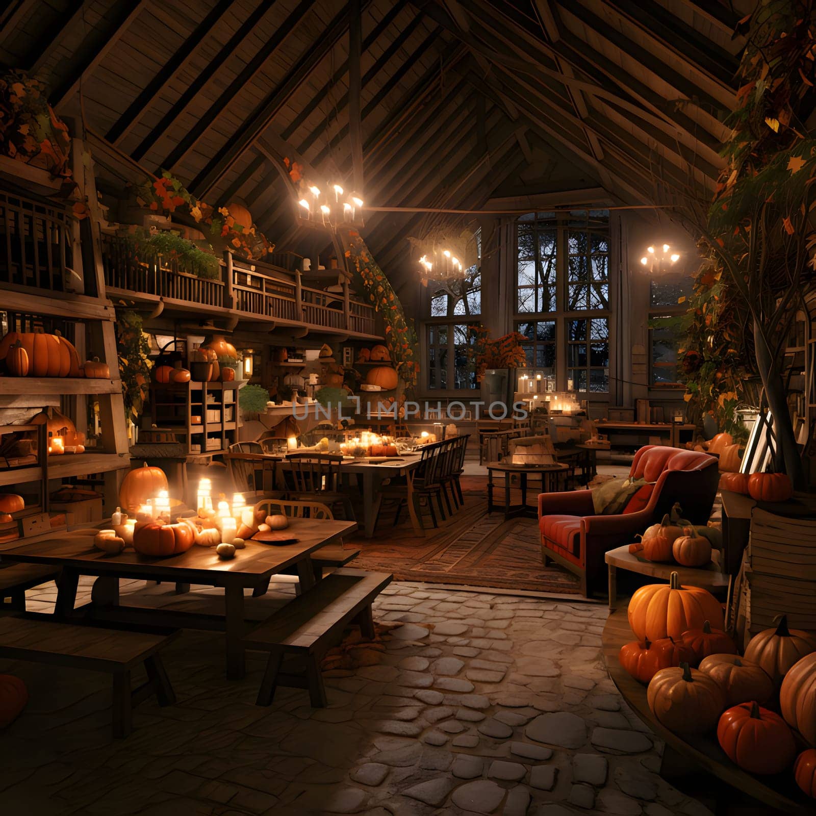 Wooden house Decorated with candles and pumpkins. Interior. Pumpkin as a dish of thanksgiving for the harvest. An atmosphere of joy and celebration.