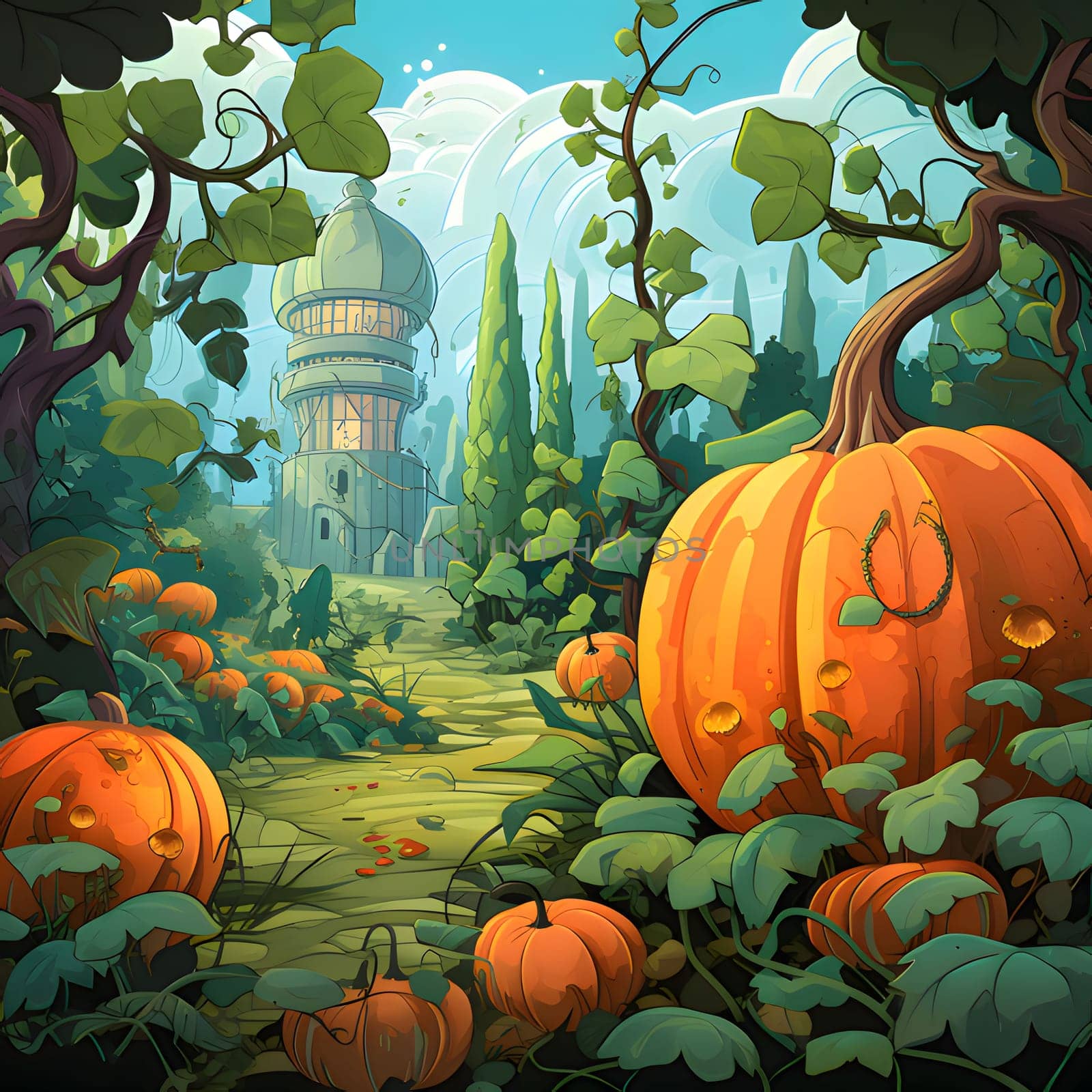 Fairytale illustration of giant pumpkins, green leaves and greenhouse in the background. Pumpkin as a dish of thanksgiving for the harvest. An atmosphere of joy and celebration.