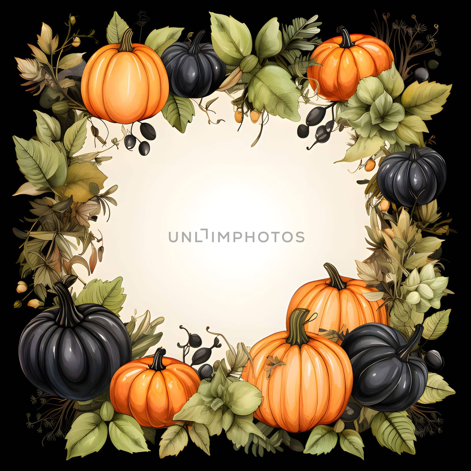 A frame embellished with pumpkins and leaves against a light background forms an elegant and visually appealing composition.