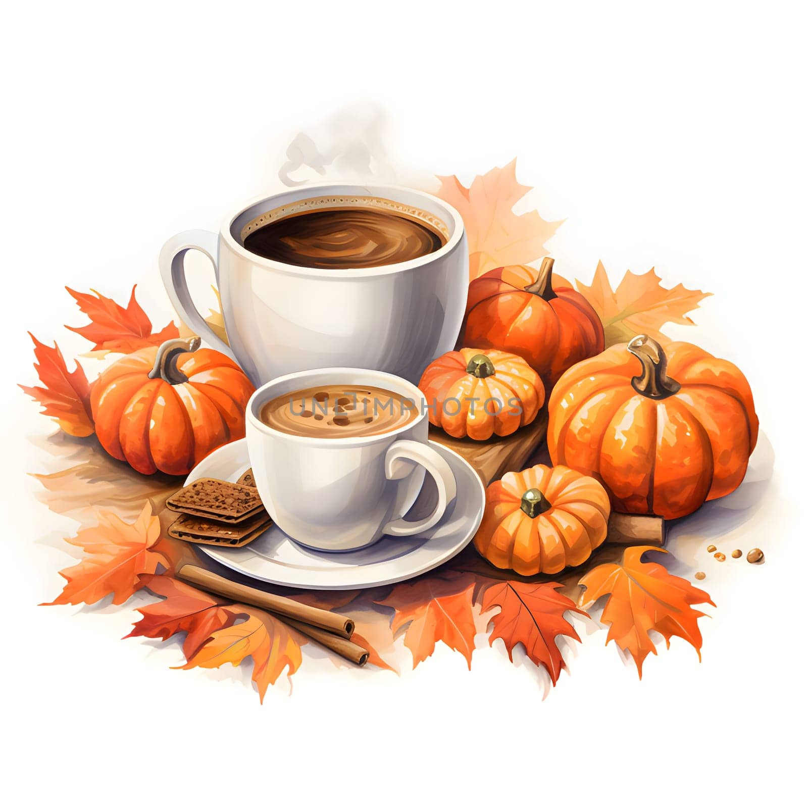 Illustration; hot coffee in a cup around leaves and pumpkins. Pumpkin as a dish of thanksgiving for the harvest, picture on a white isolated background. An atmosphere of joy and celebration.