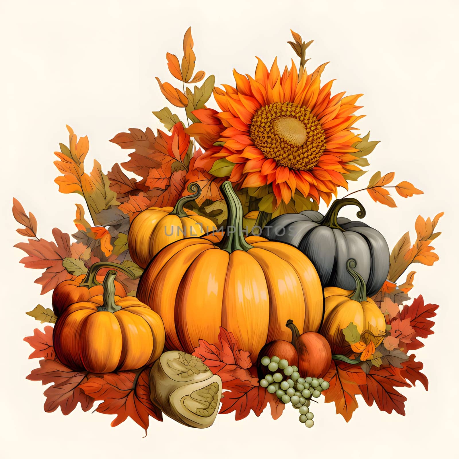Illustration of elegantly arranged harvest from the field, sunflowers, grapes, pumpkins, autumn leaves. Pumpkin as a dish of thanksgiving for the harvest, picture on a white isolated background. An atmosphere of joy and celebration.