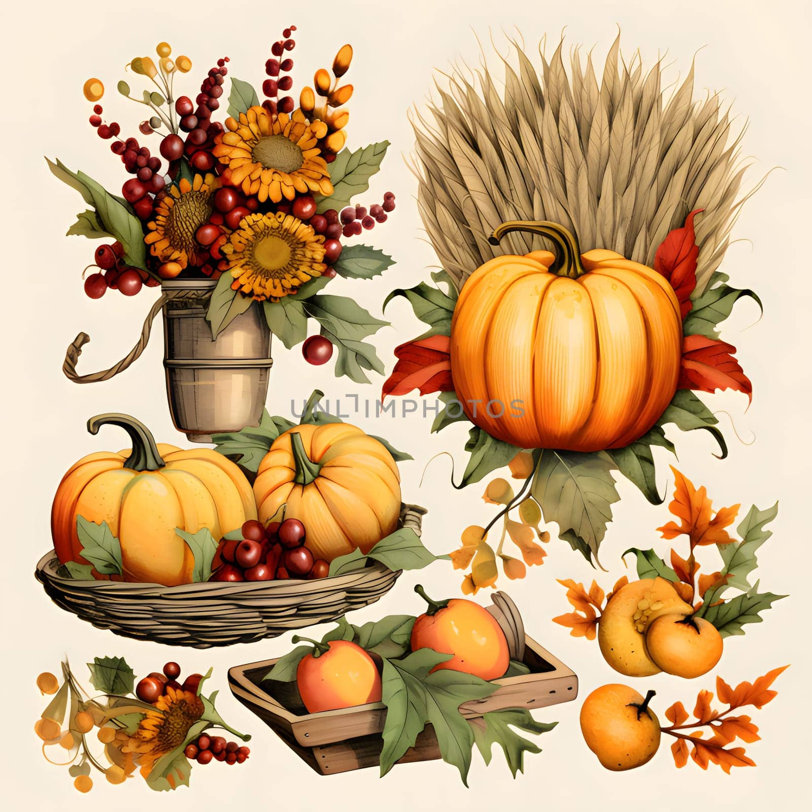 Stickers related to harvest, vegetables, fruits. Pumpkin as a dish of thanksgiving for the harvest, picture on a white isolated background. Atmosphere of joy and celebration.