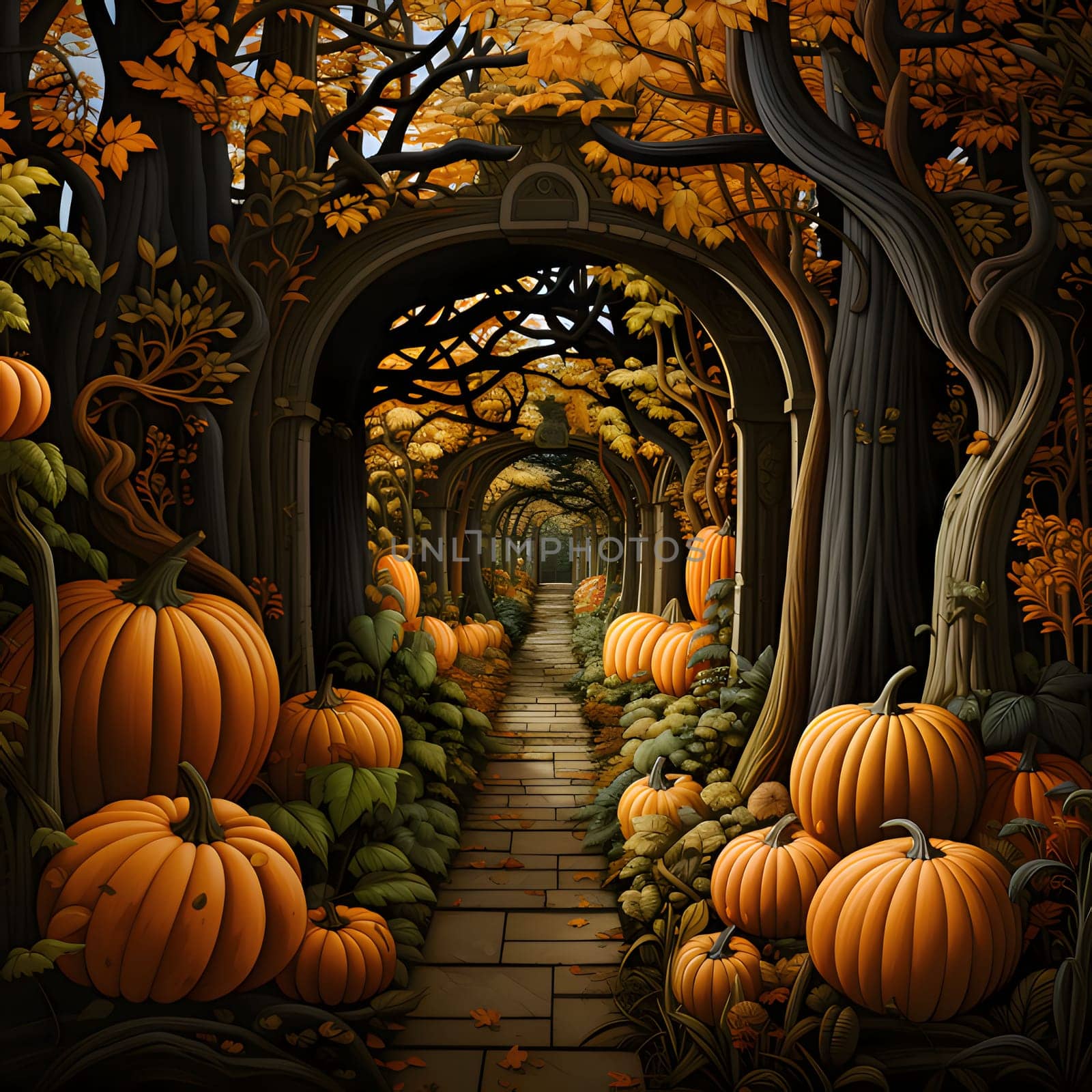 A small alley in the garden all around pumpkins vines trees leaves. Pumpkin as a dish of thanksgiving for the harvest. by ThemesS