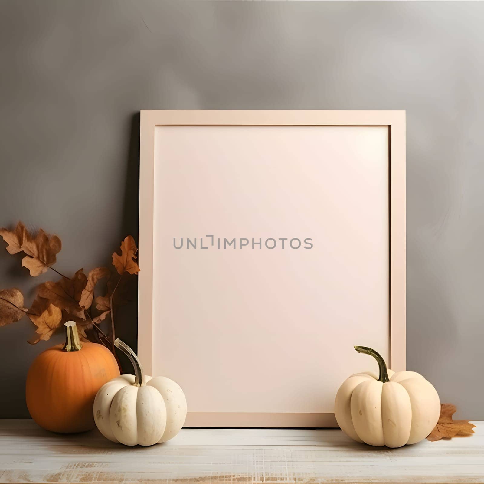 A white blank sheet of paper, pumpkins, leaves create a minimalist and stylish composition.