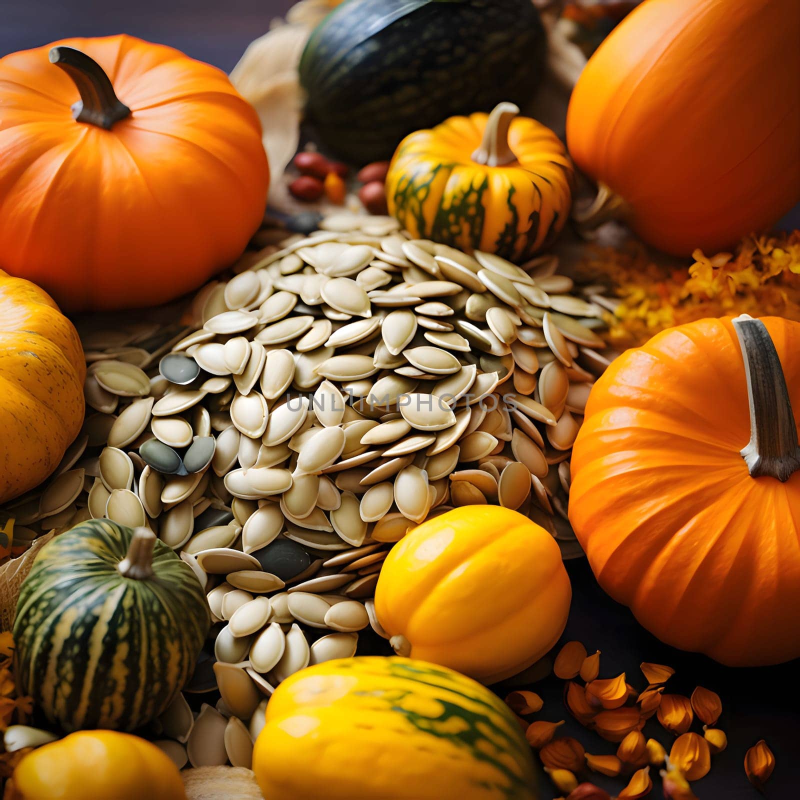 An aerial view of the colorful pumpkins and seeds scattered around. Pumpkin as a dish of thanksgiving for the harvest. The atmosphere of joy and celebration.