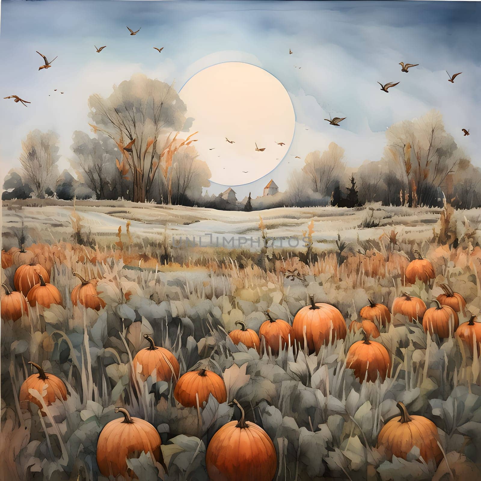 Illustration; pumpkins in the middle of tall leaves in the background moon flying birds paint picture. Pumpkin as a dish of thanksgiving for the harvest. by ThemesS