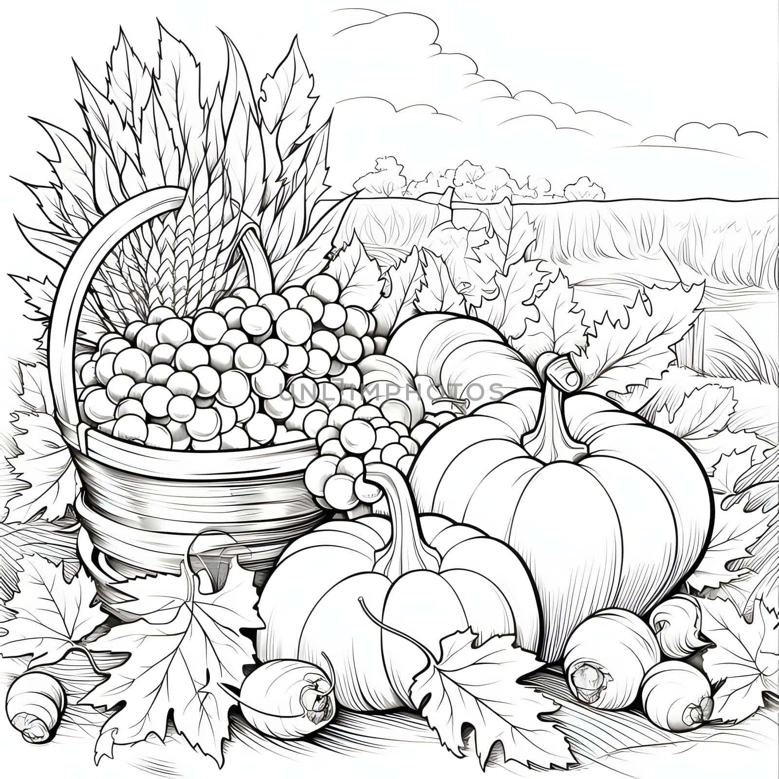 Black and White coloring book, basket full of grapes around pumpkin leaves. Pumpkin as a dish of thanksgiving for the harvest, picture on a white isolated background. An atmosphere of joy and celebration.