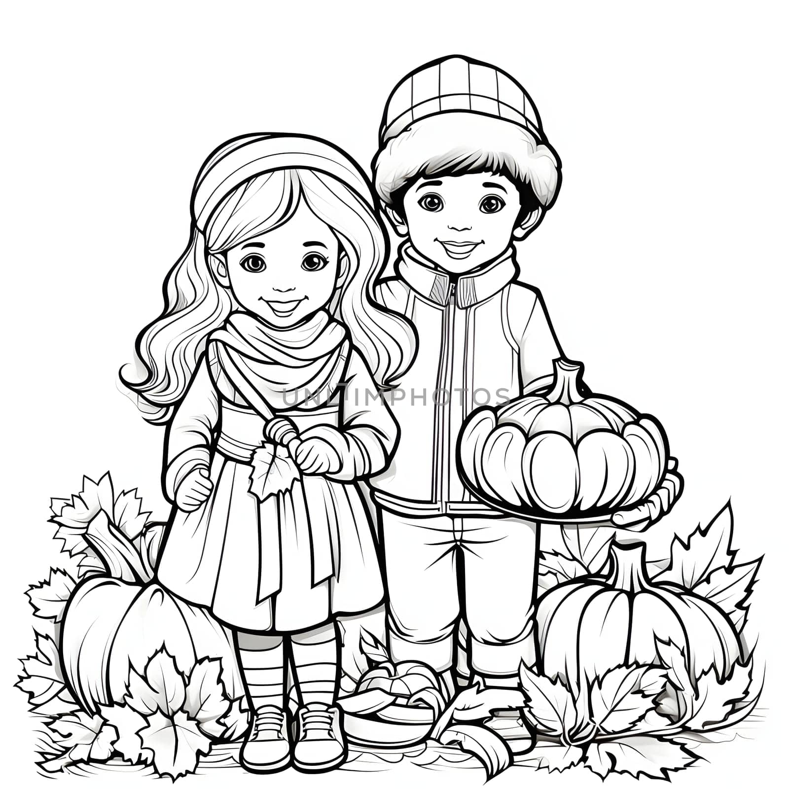 Black and White coloring book on it smiling children; boy and girl with pumpkins, leaves around. Pumpkin as a dish of thanksgiving for the harvest. An atmosphere of joy and celebration.