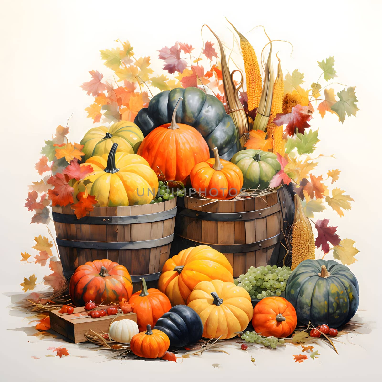 Two wooden buckets with colorful pumpkins and autumn leaves in them. Pumpkin as a dish of thanksgiving for the harvest, picture on a white isolated background. An atmosphere of joy and celebration.