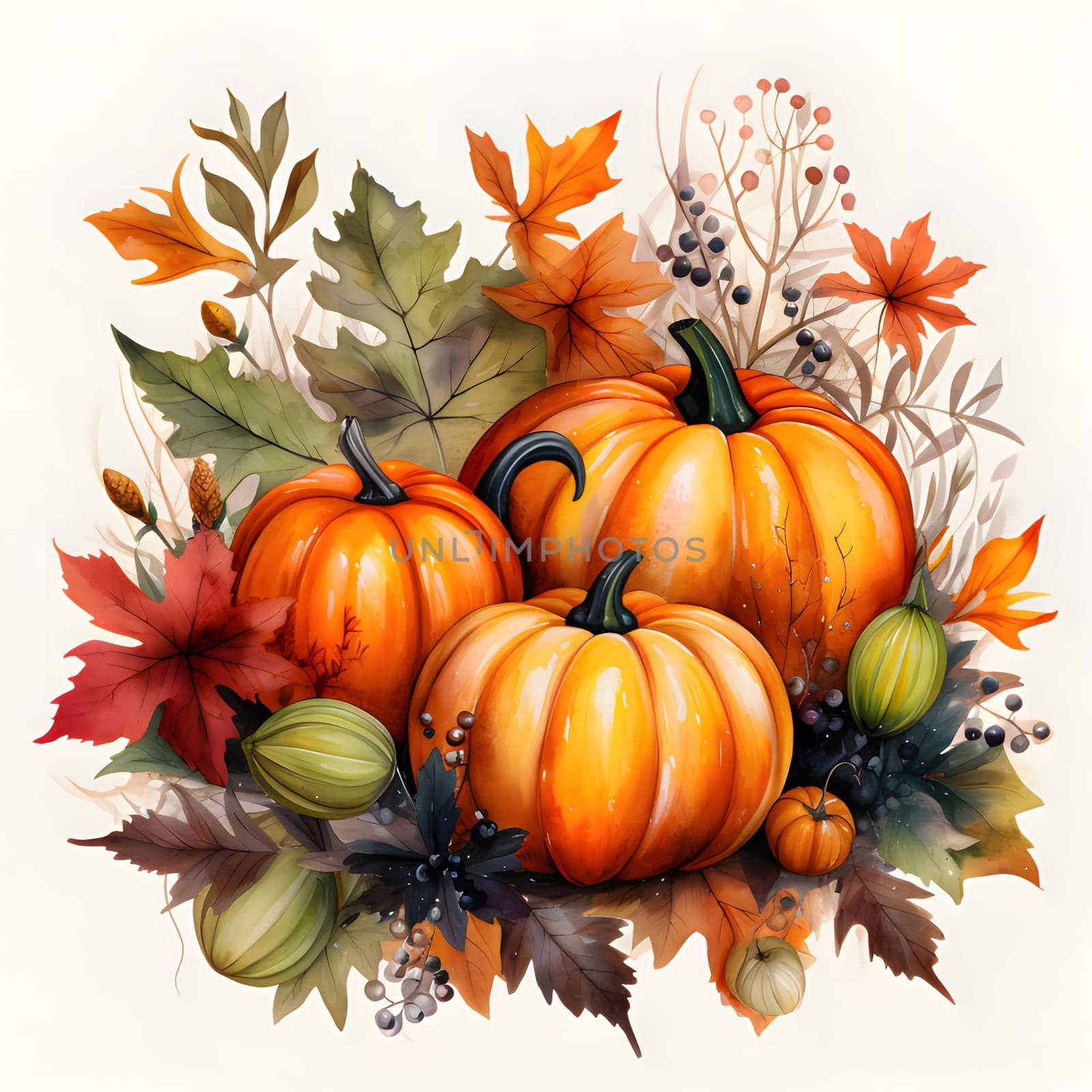 Illustration of pumpkins around autumn leaves. Pumpkin as a dish of thanksgiving for the harvest, picture on a white isolated background. An atmosphere of joy and celebration.