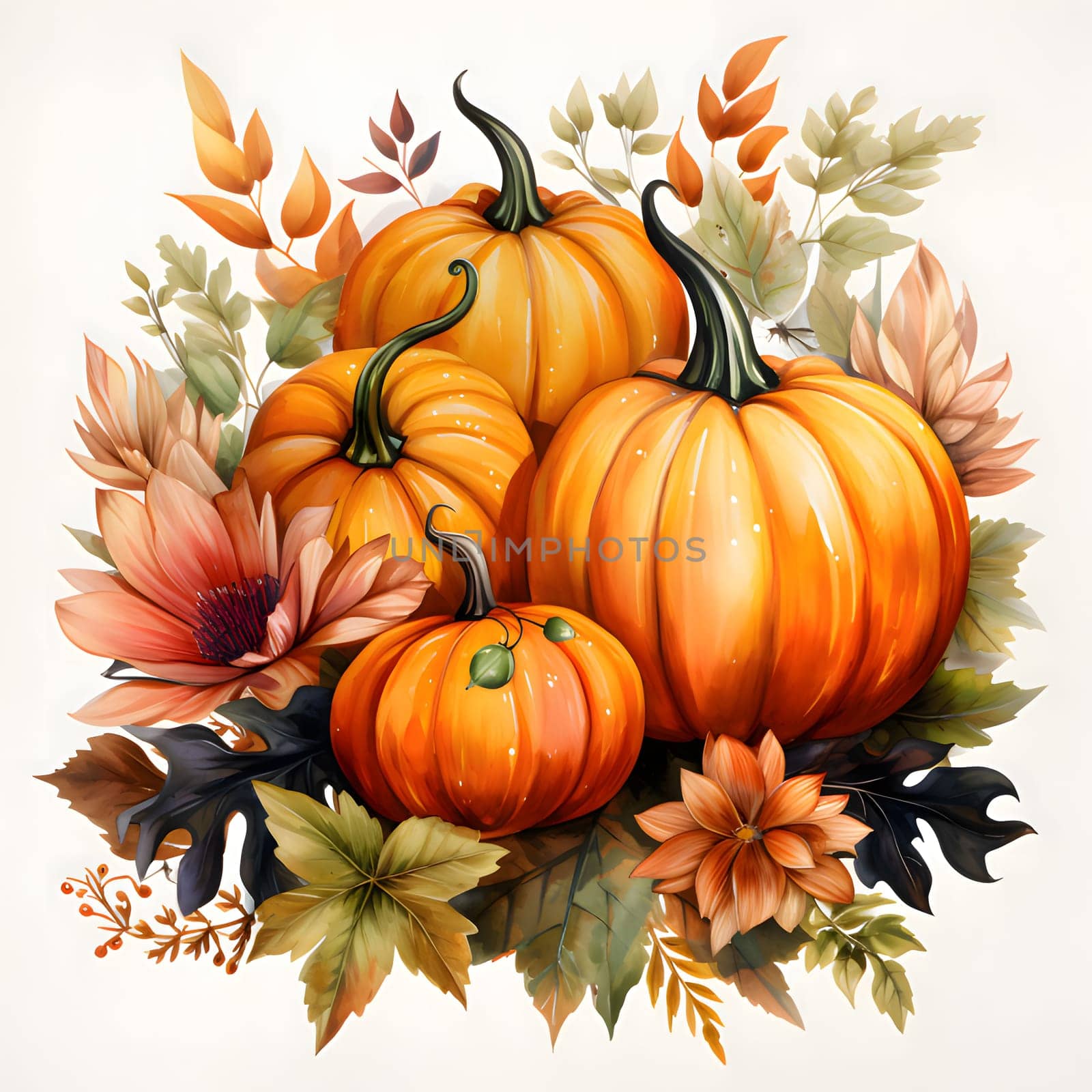 Illustration of pumpkins around autumn leaves. Pumpkin as a dish of thanksgiving for the harvest, picture on a white isolated background. by ThemesS