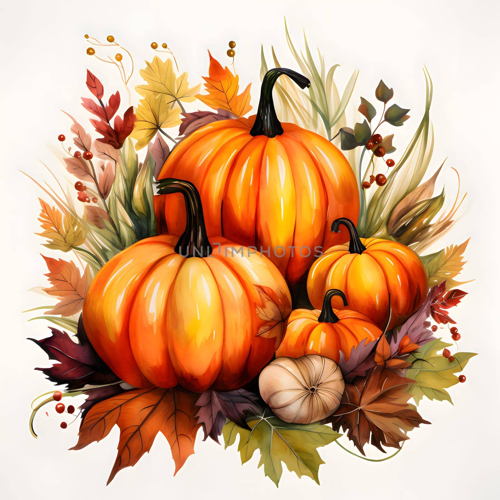 Illustration of pumpkins around autumn leaves. Pumpkin as a dish of thanksgiving for the harvest, picture on a white isolated background. An atmosphere of joy and celebration.