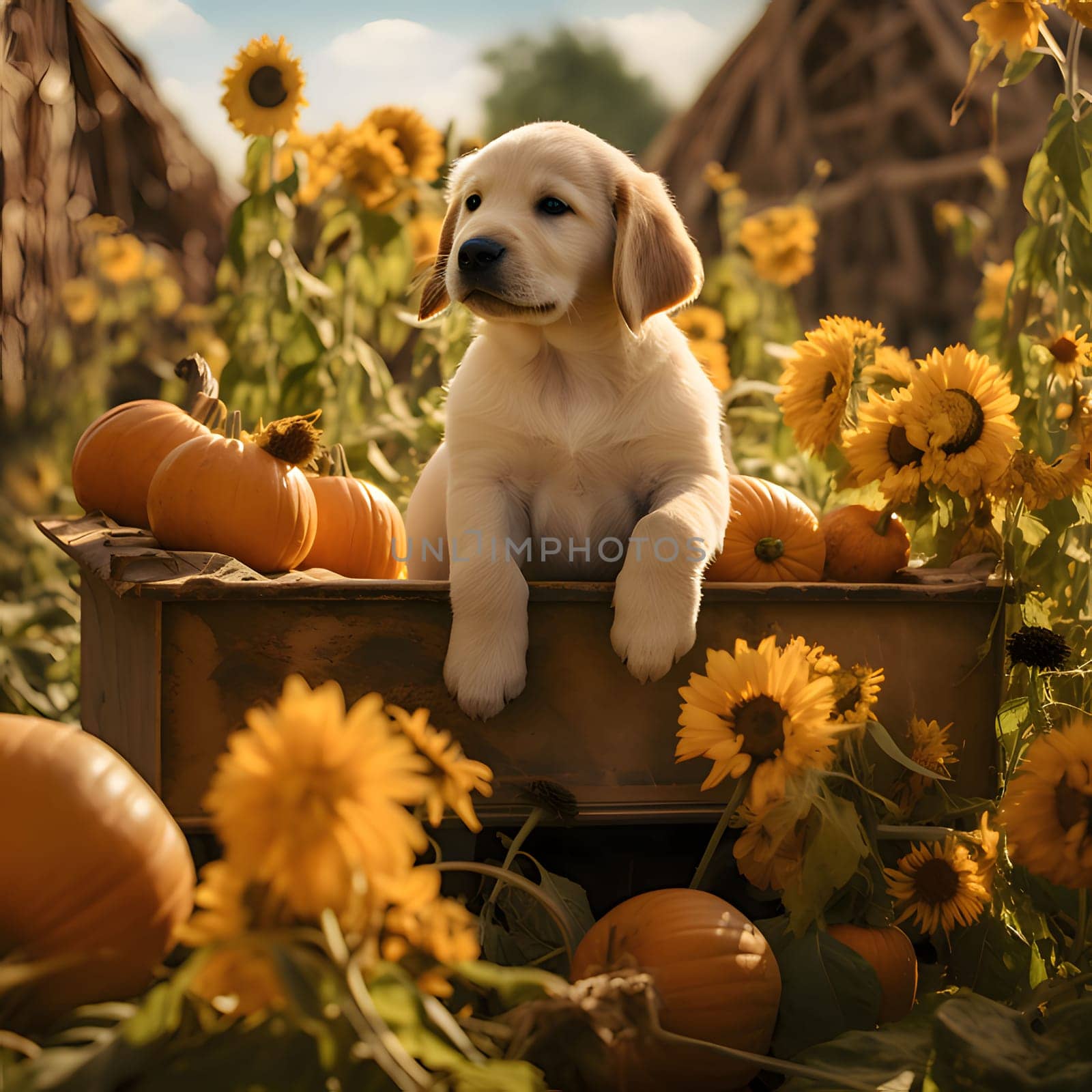 A tiny dog in a wooden box around sunflowers and pumpkins ś rays of sunshine. Pumpkin as a dish of thanksgiving for the harvest. by ThemesS