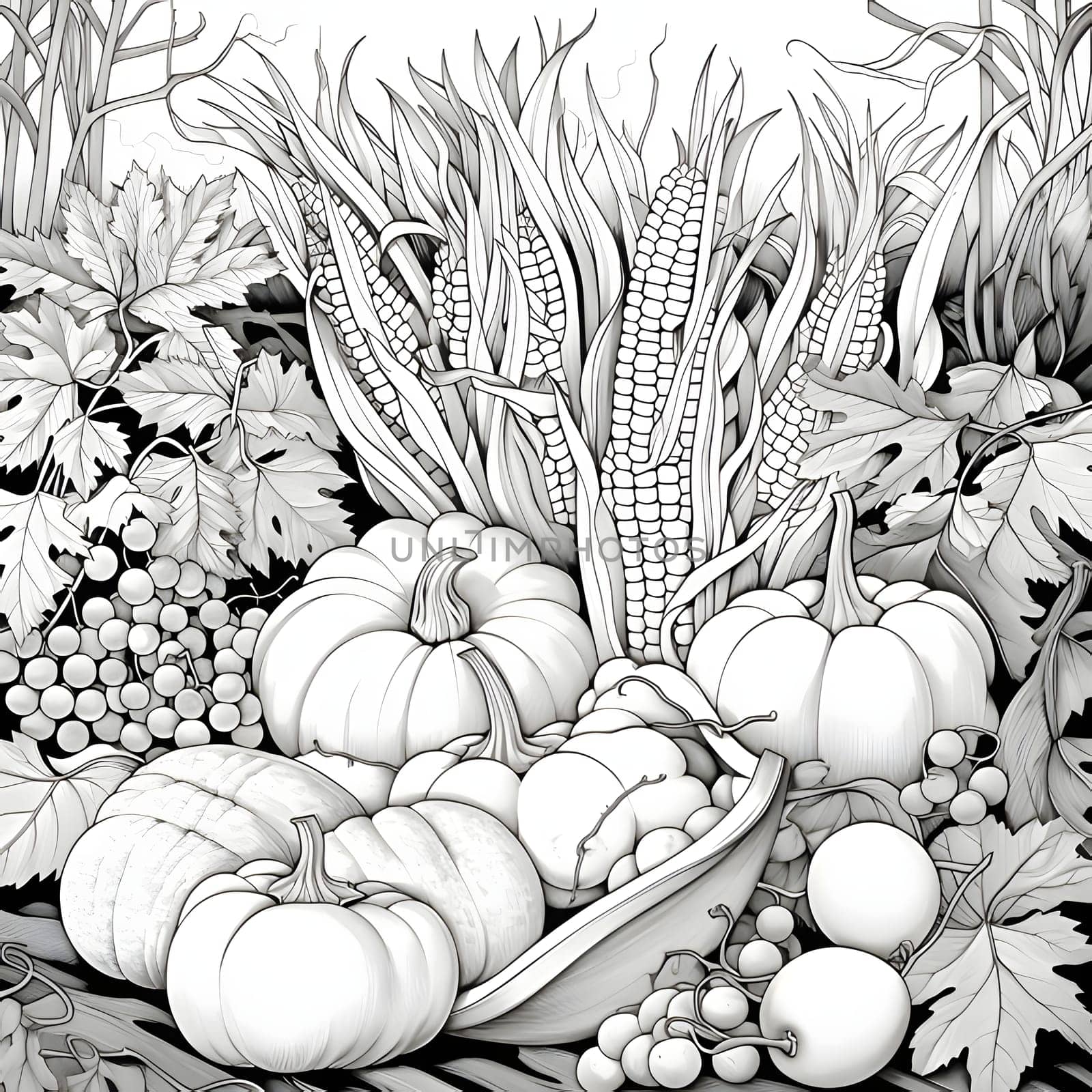 Black and White coloring book, harvest from the field corn grapes, pumpkin leaves. Pumpkin as a dish of thanksgiving for the harvest, picture on a white isolated background. An atmosphere of joy and celebration.
