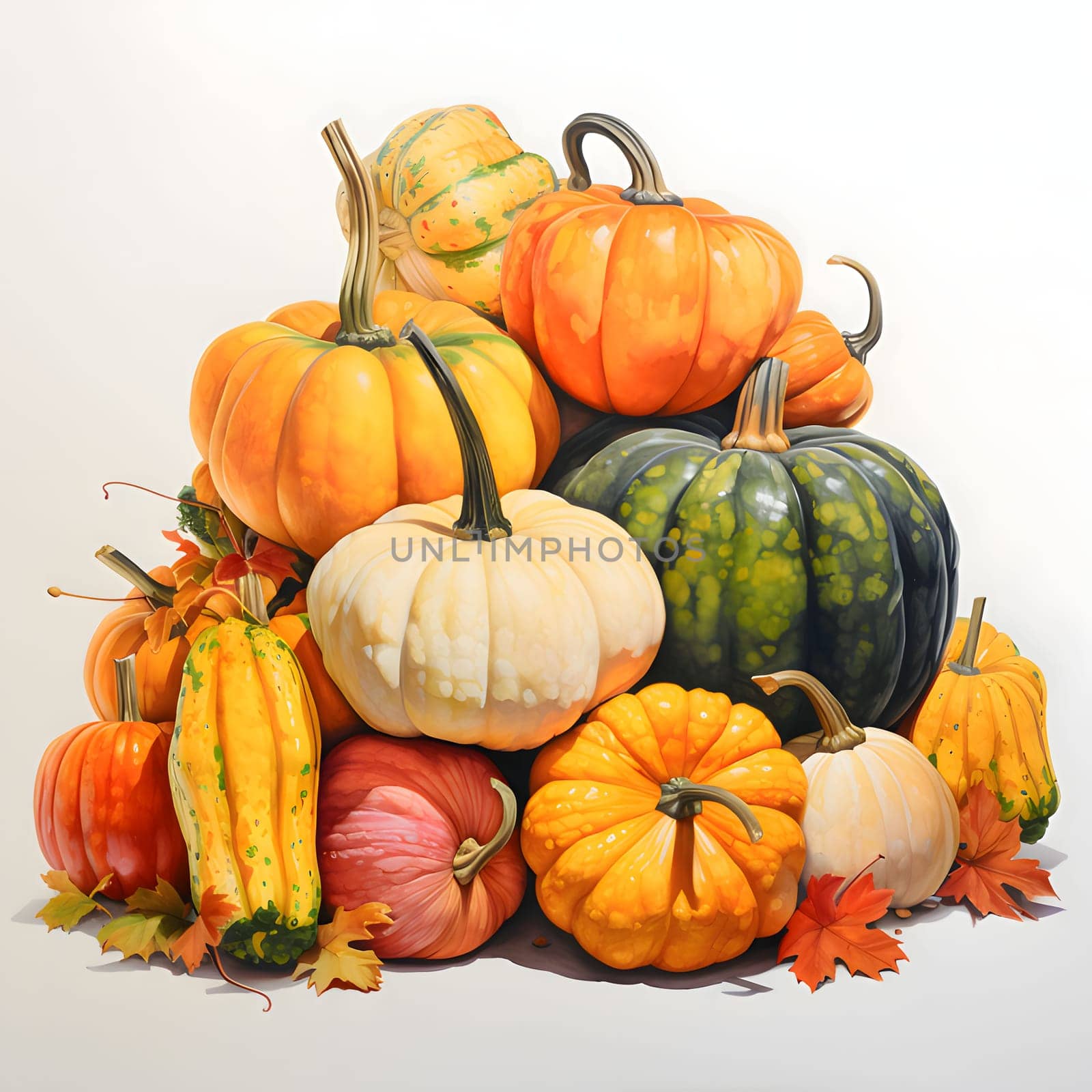 A pile of different color types and shapes of pumpkin. Pumpkin as a dish of thanksgiving for the harvest, picture on a white isolated background. An atmosphere of joy and celebration.