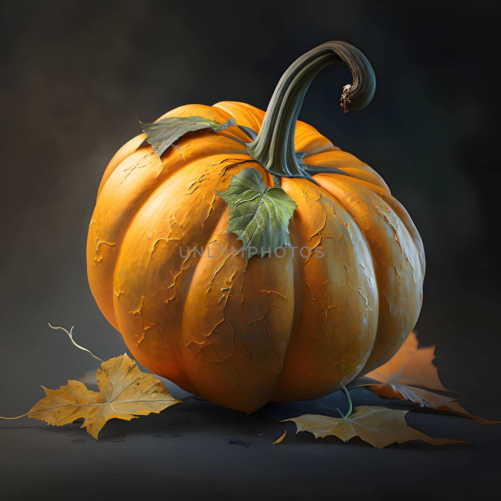 Pumpkin with leaves on a dark background. Pumpkin as a dish of thanksgiving for the harvest. An atmosphere of joy and celebration.