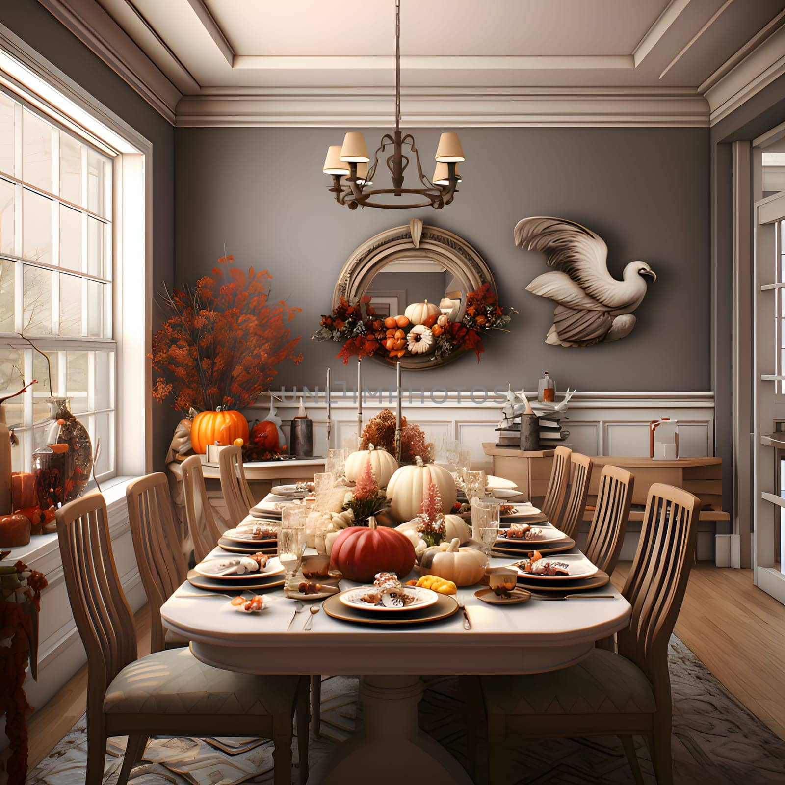 View of a room with an elegantly set table for a Thanksgiving feast. Pumpkin as a dish of thanksgiving for the harvest. An atmosphere of joy and celebration.