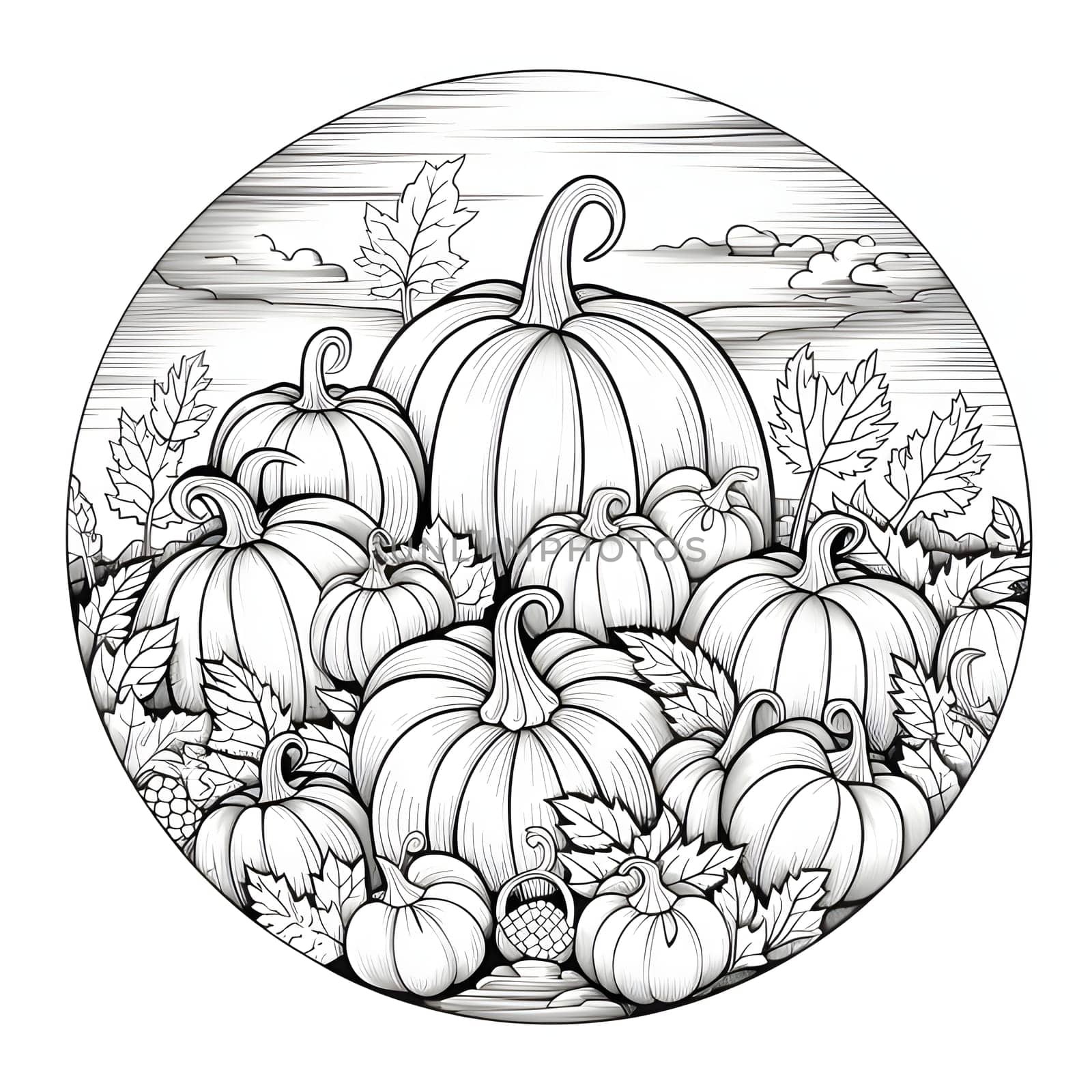 Black and white coloring book in a circle pumpkins and leaves. Pumpkin as a dish of thanksgiving for the harvest, picture on a white isolated background. by ThemesS