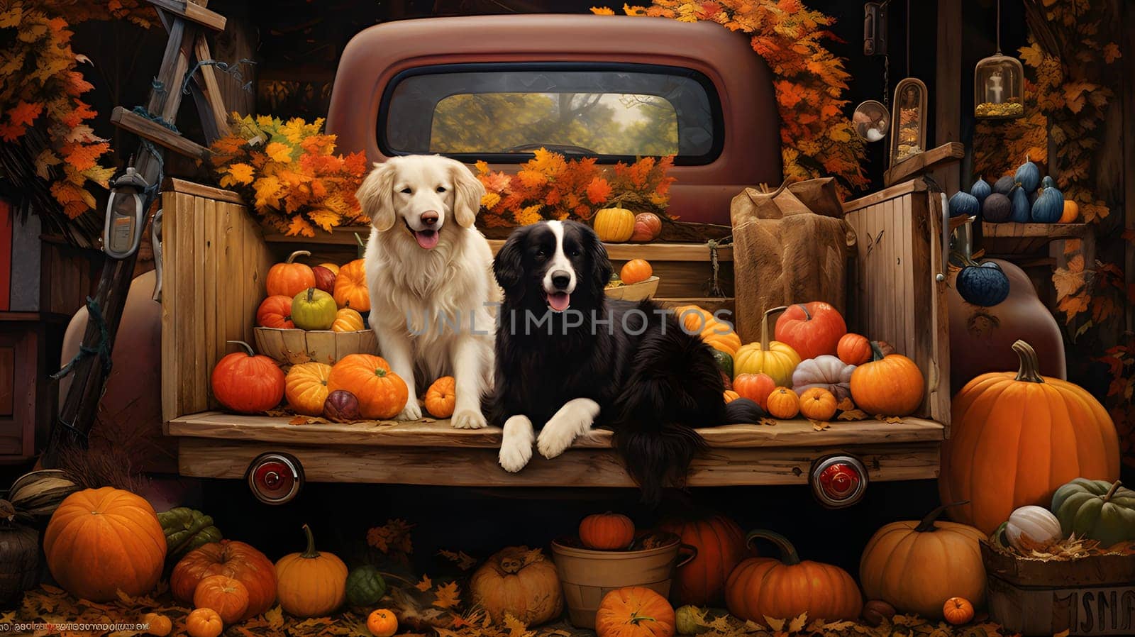 Two dogs on a pickup trailer, pumpkins and autumn leaves all around. Pumpkin as a dish of thanksgiving for the harvest. by ThemesS