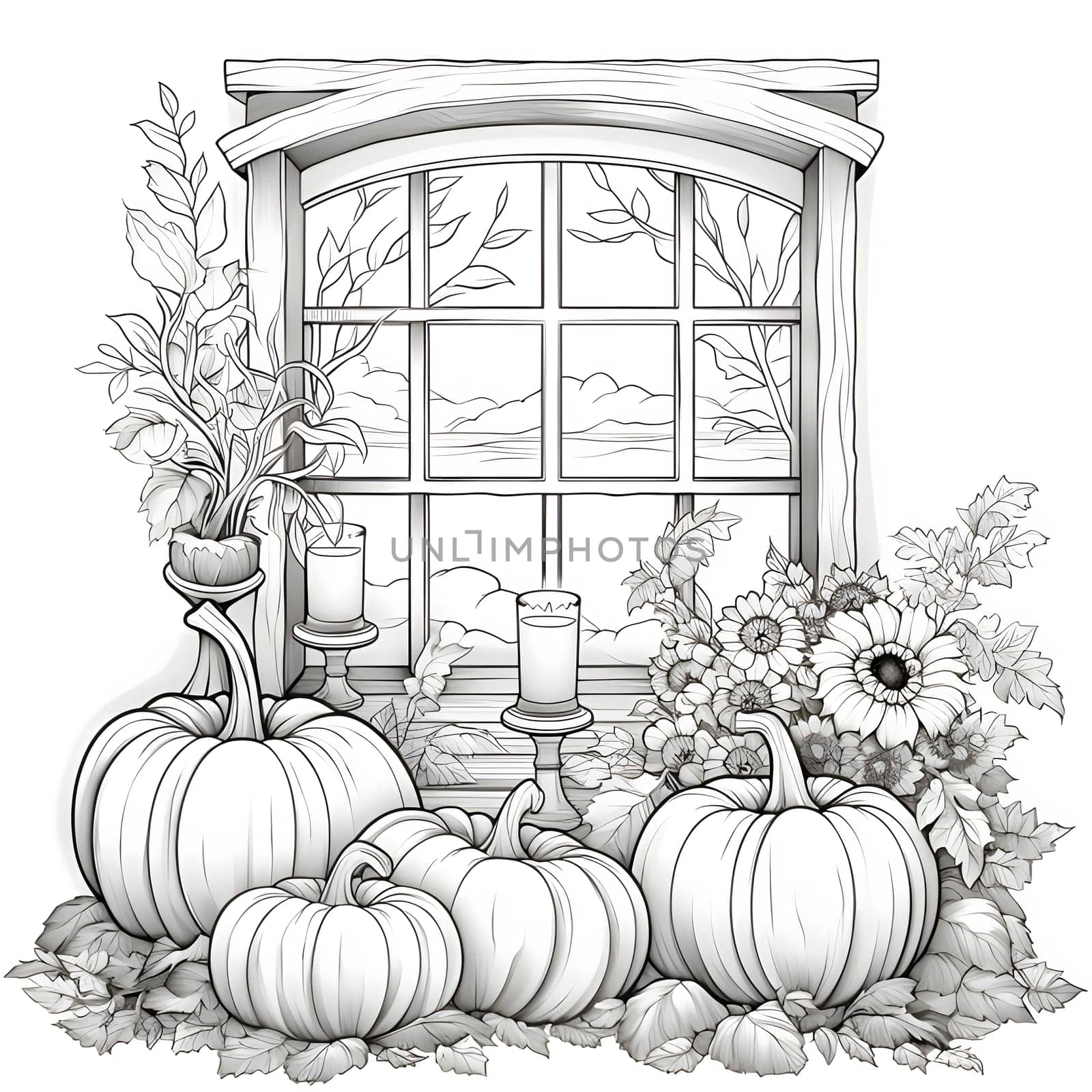 Black and White coloring book on it candles pumpkins flowers in the background window. Pumpkin as a dish of thanksgiving for the harvest, picture on a white isolated background. An atmosphere of joy and celebration.