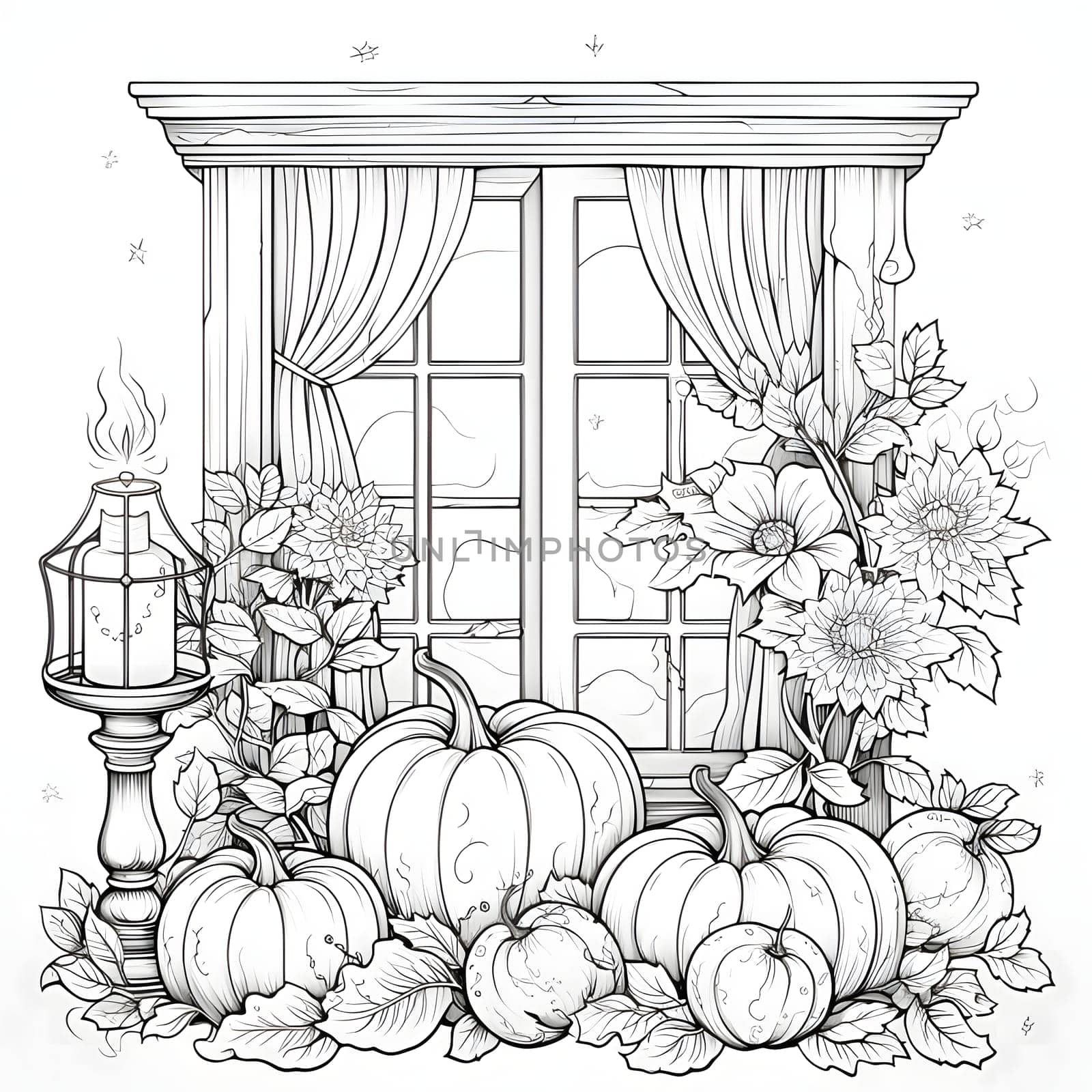 Black and White coloring book on it candles pumpkins flowers in the background window. Pumpkin as a dish of thanksgiving for the harvest, picture on a white isolated background. An atmosphere of joy and celebration.
