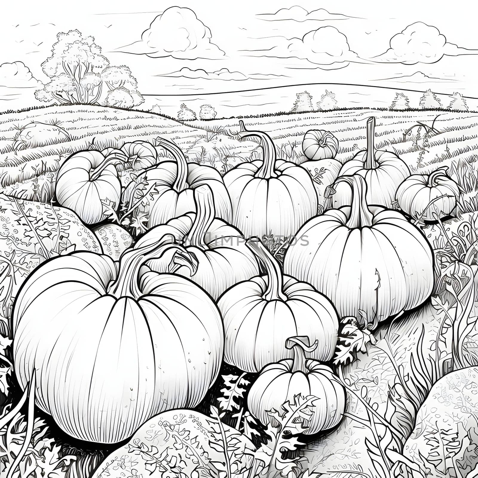 Black and White coloring book pumpkins in the field. Pumpkin as a dish of thanksgiving for the harvest, picture on a white isolated background. by ThemesS