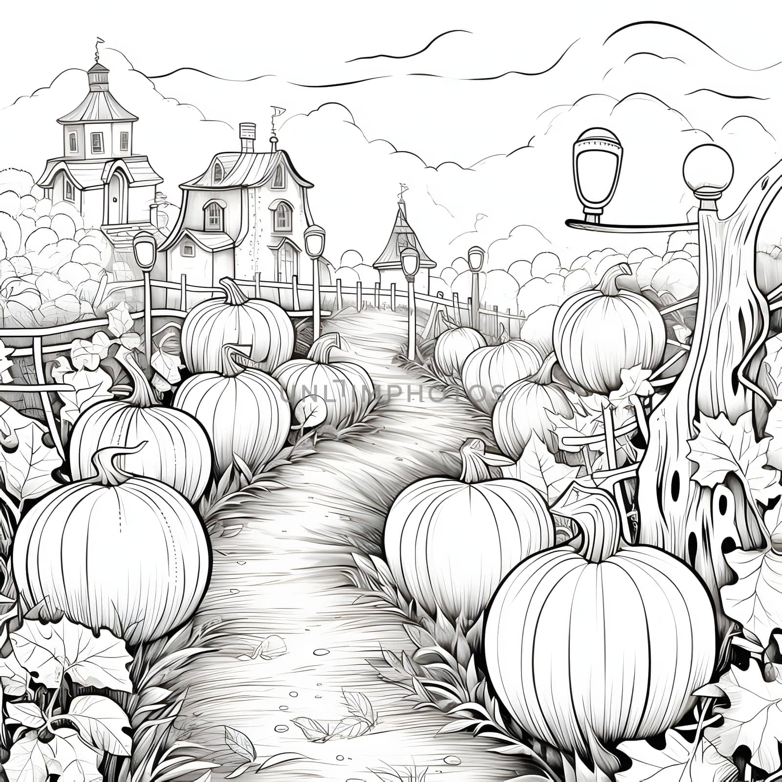 Black and white coloring book path to the mansion next to it pumpkins and leaves. Pumpkin as a dish of thanksgiving for the harvest, picture on a white isolated background. An atmosphere of joy and celebration.