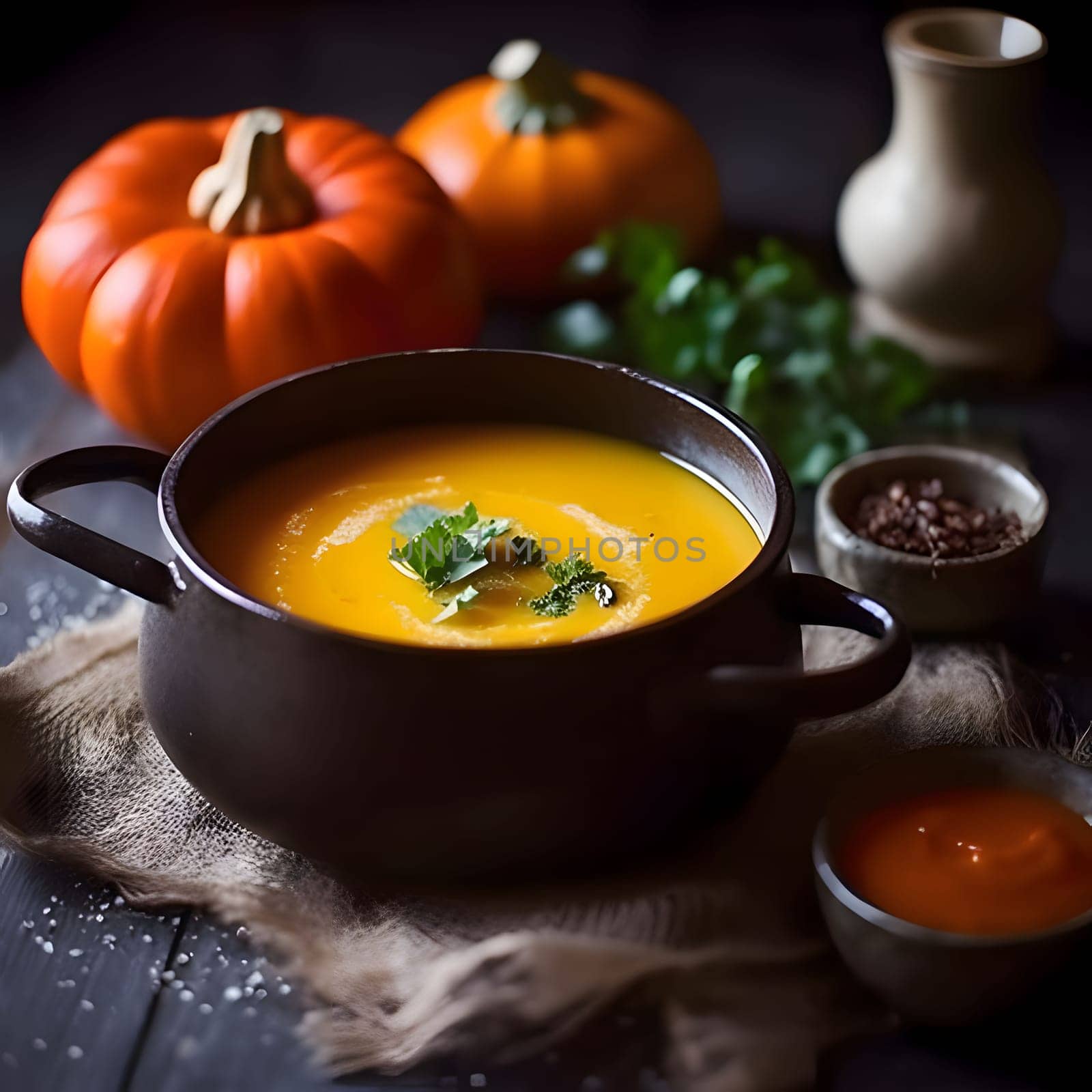 Pumpkin soup with parsley in a small black pot around pumpkins and spices. Pumpkin as a dish of thanksgiving for the harvest. An atmosphere of joy and celebration.