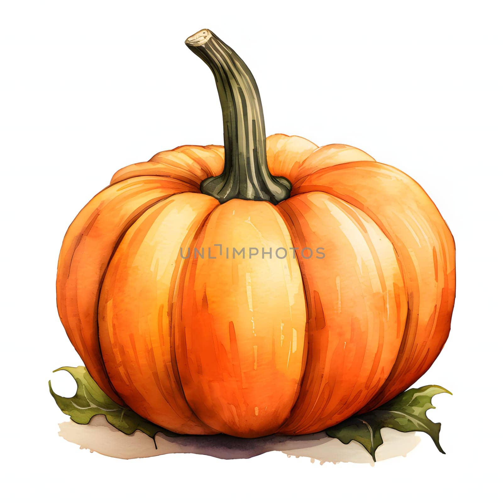 Illustration of a pumpkin with two leaves on a bright isolated background. Pumpkin as a dish of thanksgiving for the harvest. by ThemesS