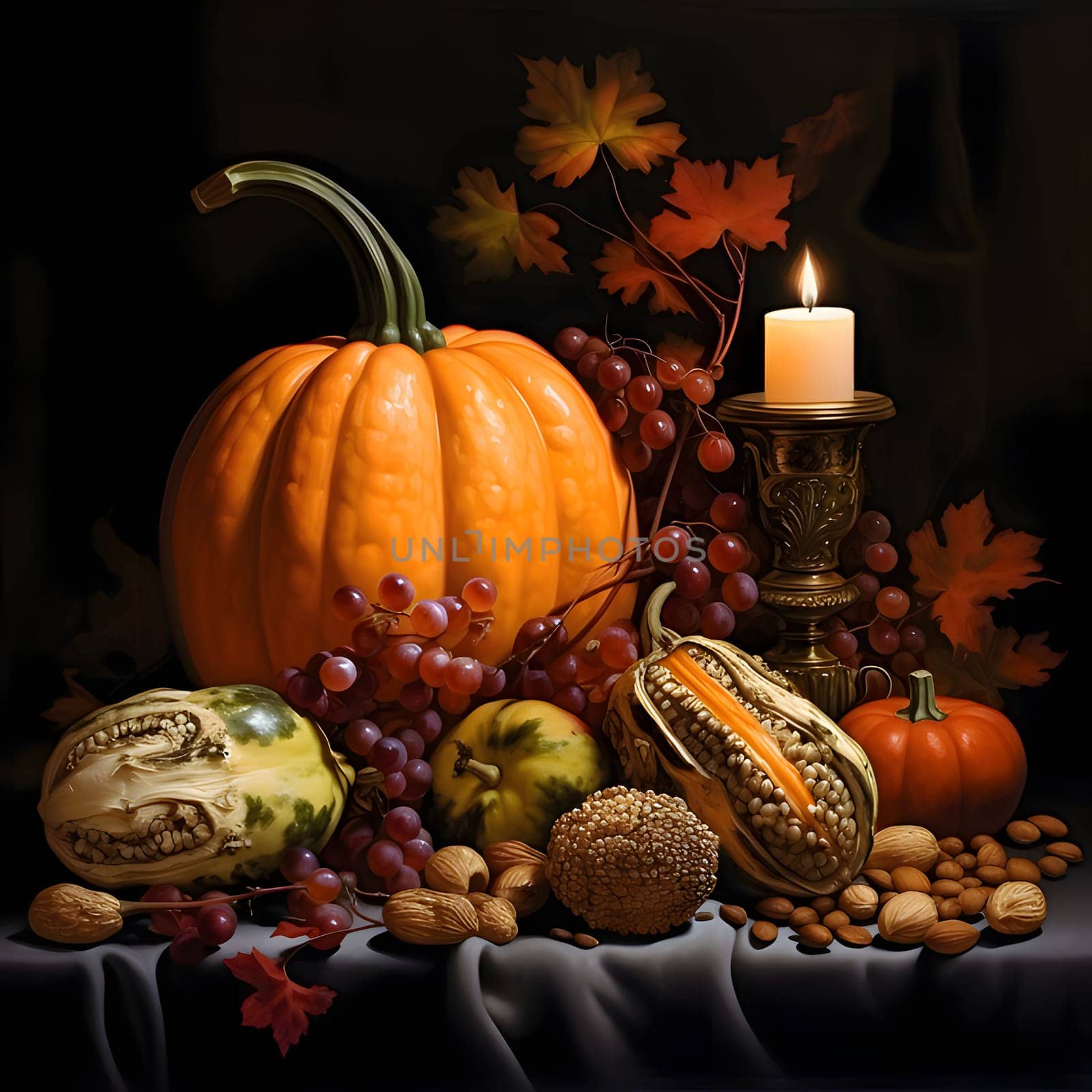 On the table the harvest from the field; pumpkins, tomatoes, grapes, nuts leaves and a burning candle. Pumpkin as a dish of thanksgiving for the harvest. by ThemesS