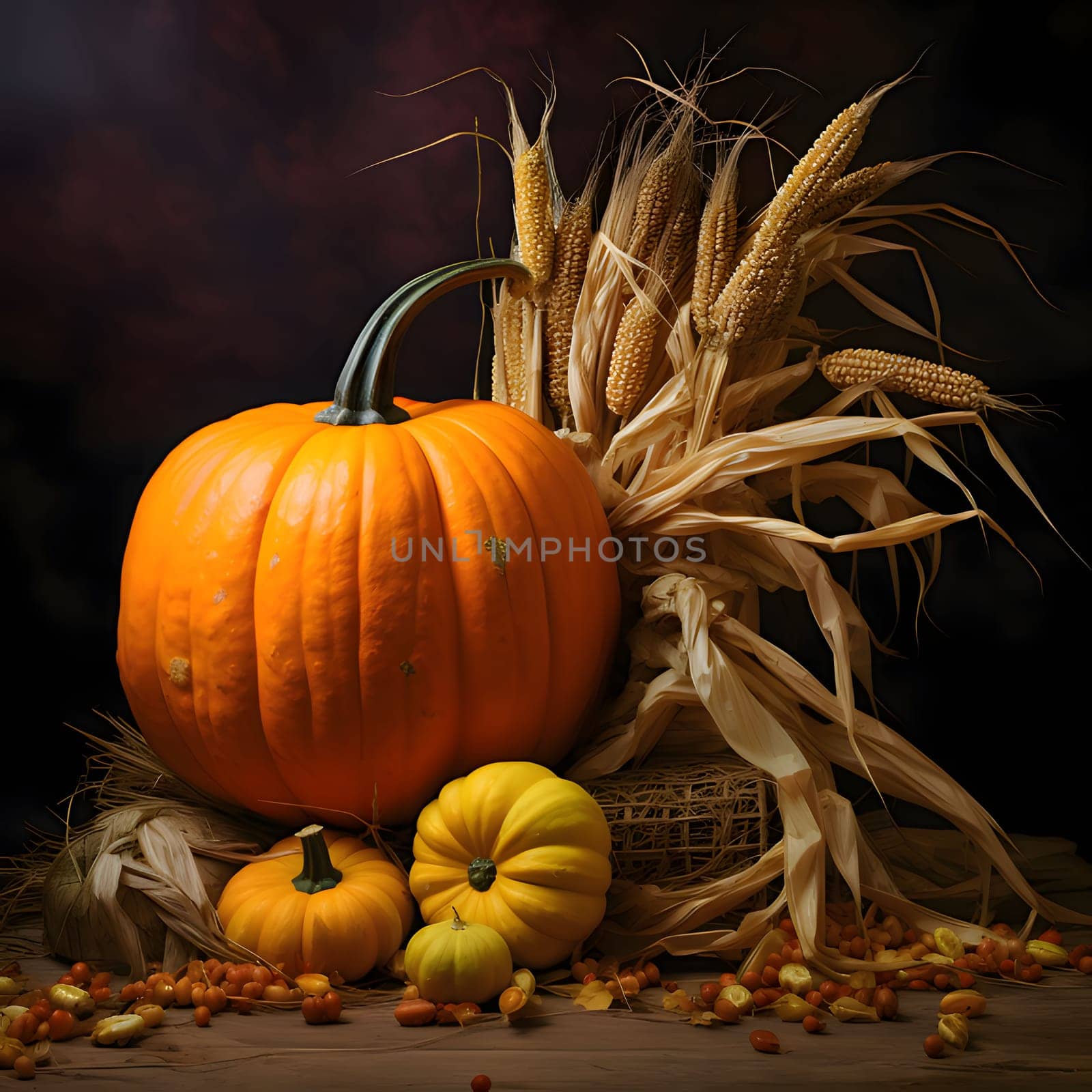 Elegantly arranged crops from the field, pumpkins and corn on a dark wooden background. Pumpkin as a dish of thanksgiving for the harvest. by ThemesS